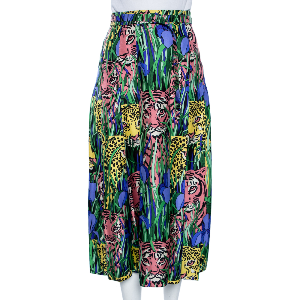 Gucci Multicolor Feline Garden Printed Silk Pleated Midi Skirt M