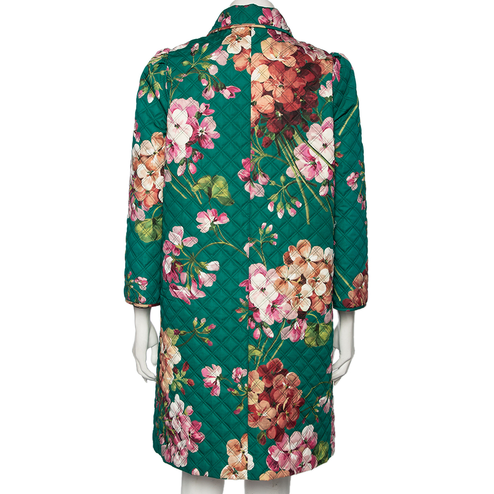 Gucci Green Floral Printed Quilted Cotton Button Front Coat M
