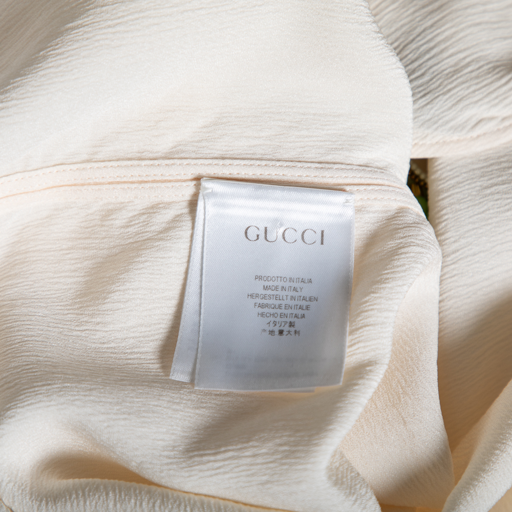 Gucci Cream Crinkled Silk Bead Embellished Long Sleeve Blouse S