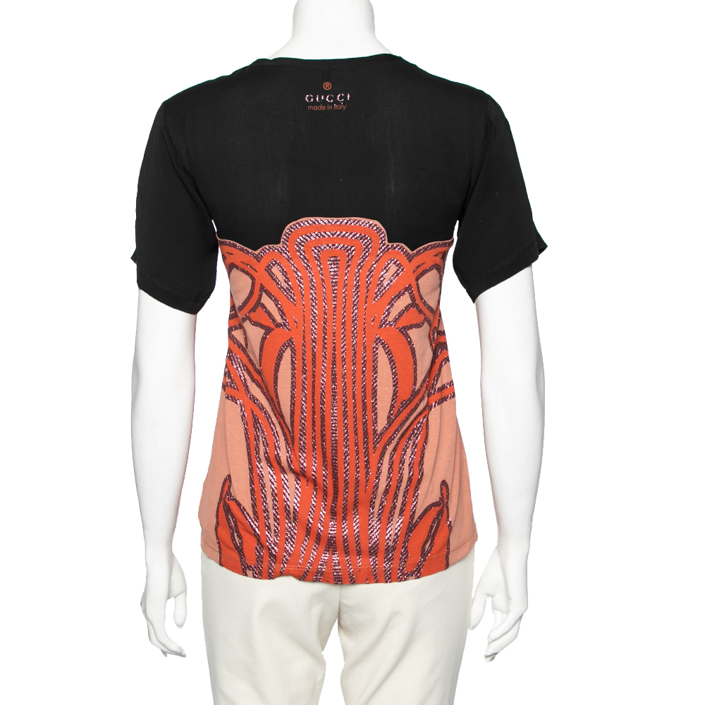 Gucci Black-Orange Cotton And Silk Glitter Patterned Short Sleeve Top XS
