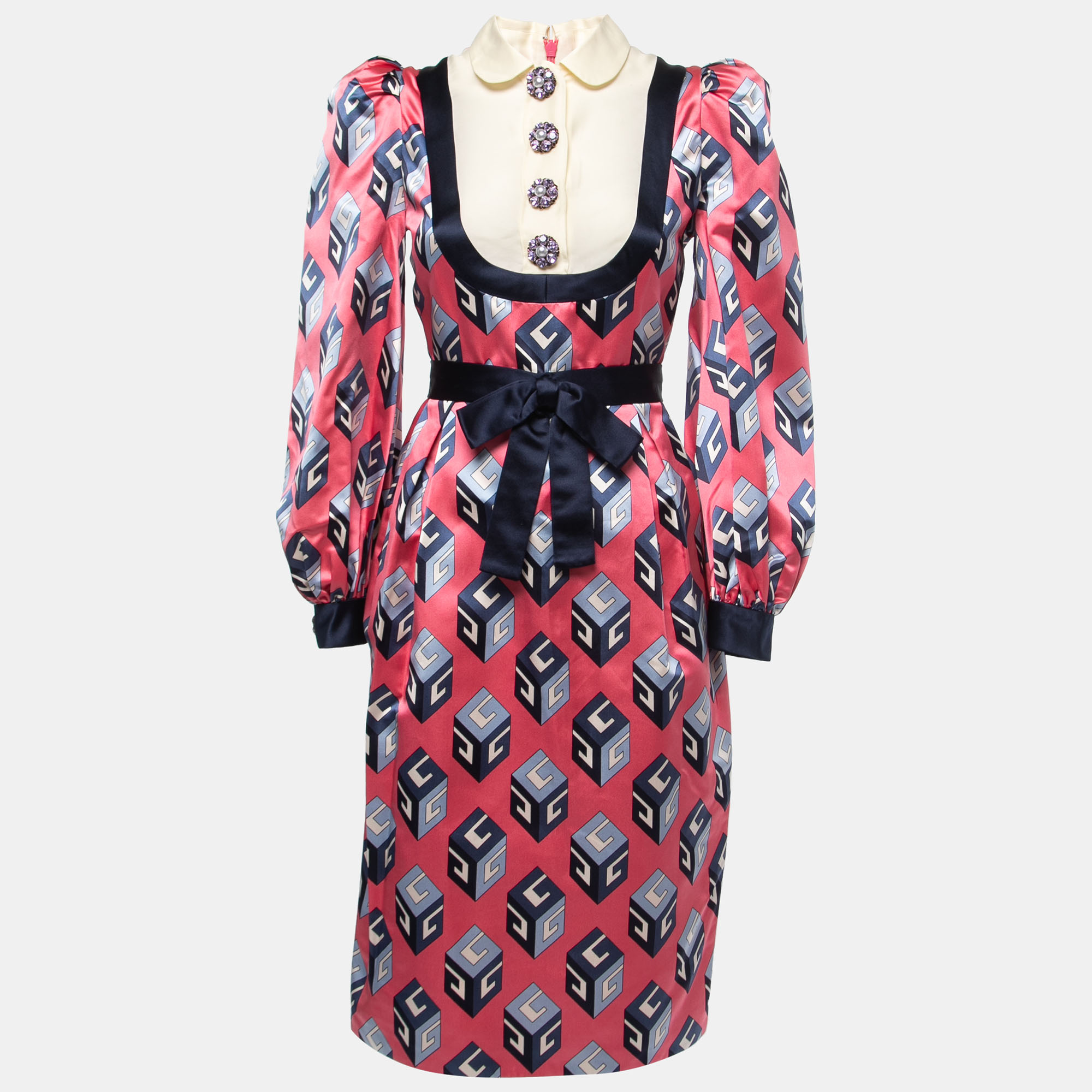 Gucci Pink Cube Printed Satin Bow Belted Midi Dress S
