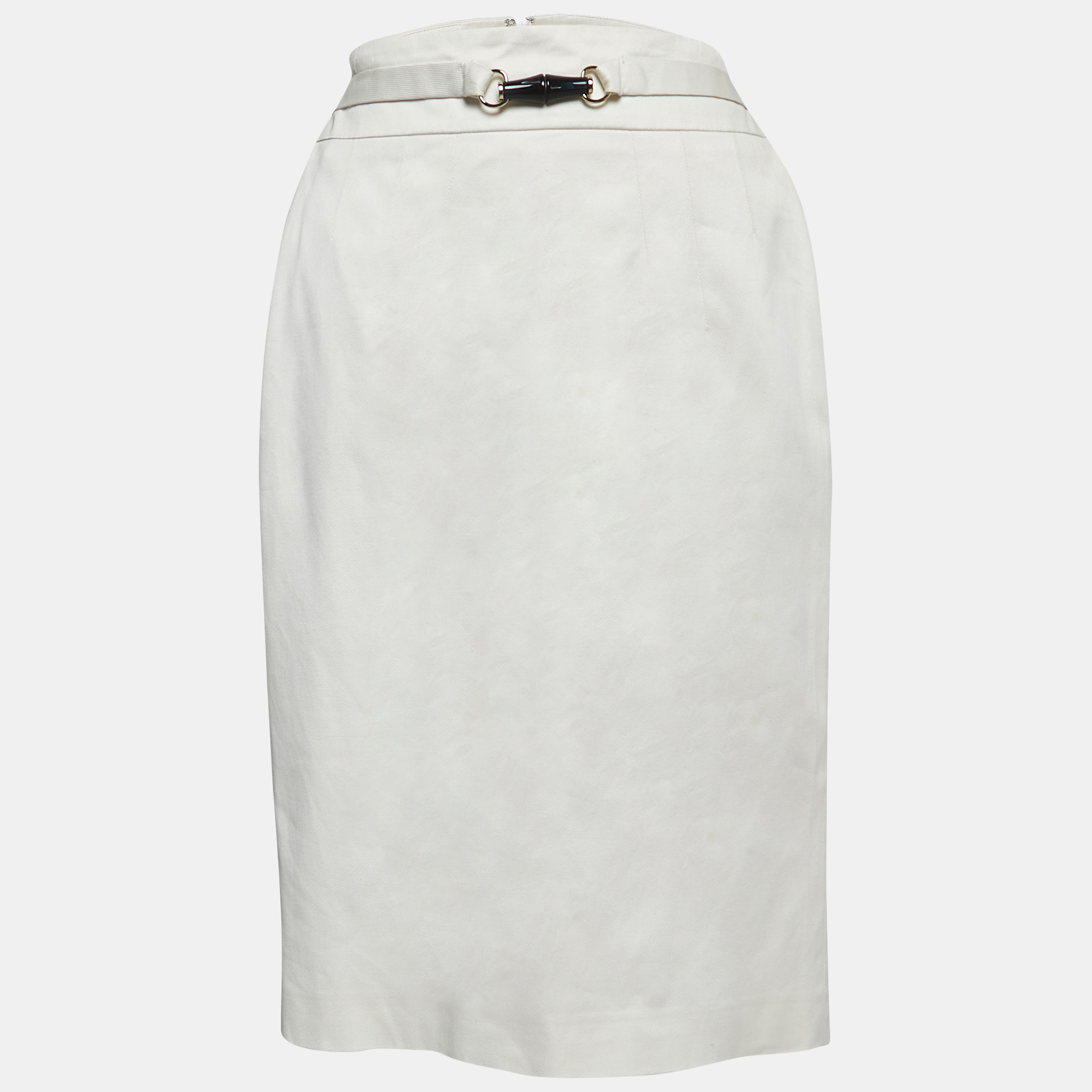 Gucci White Cotton Twill Bamboo Buckle Detail Pencil Skirt S
