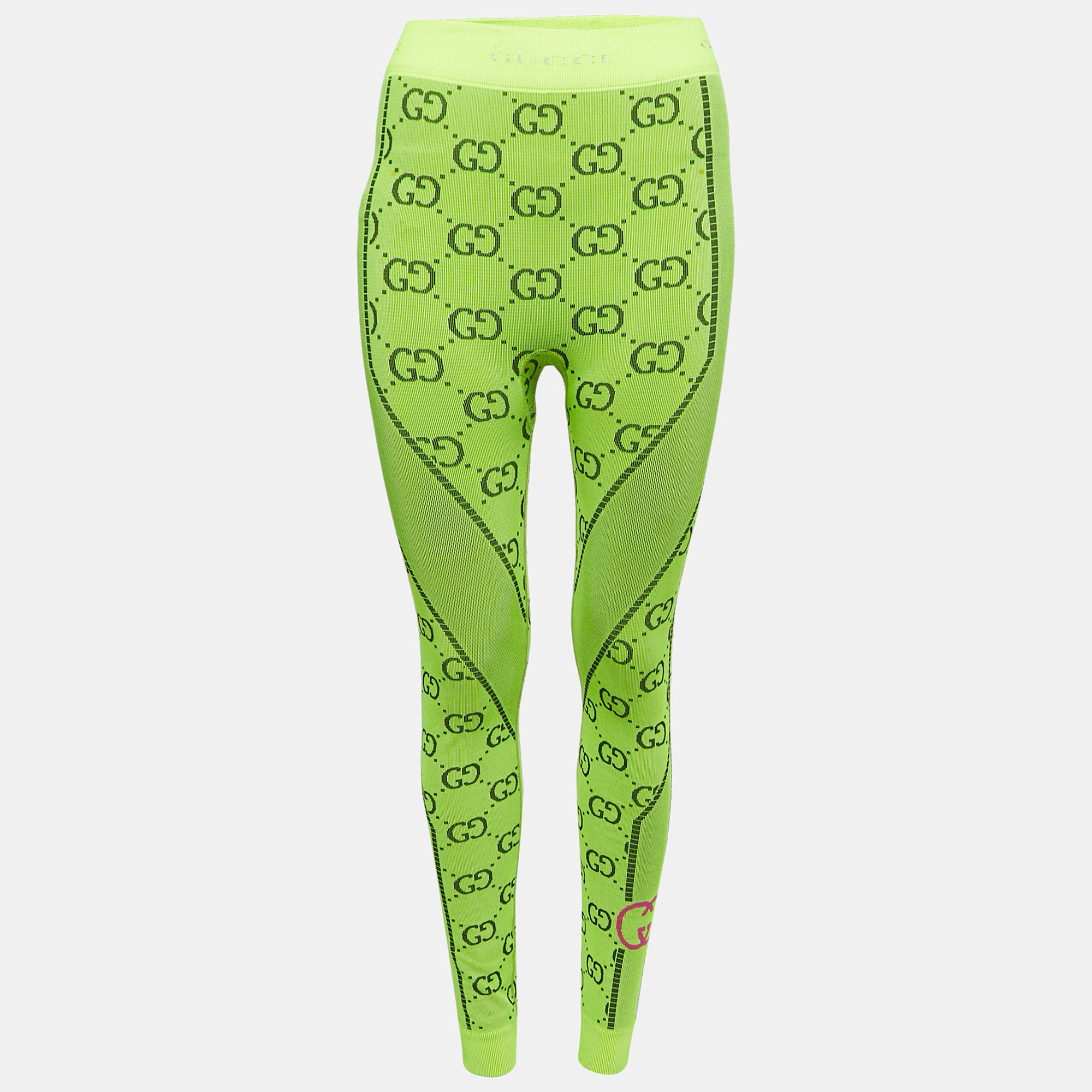 Gucci Neon Green GG Jacquard Jersey Leggings S