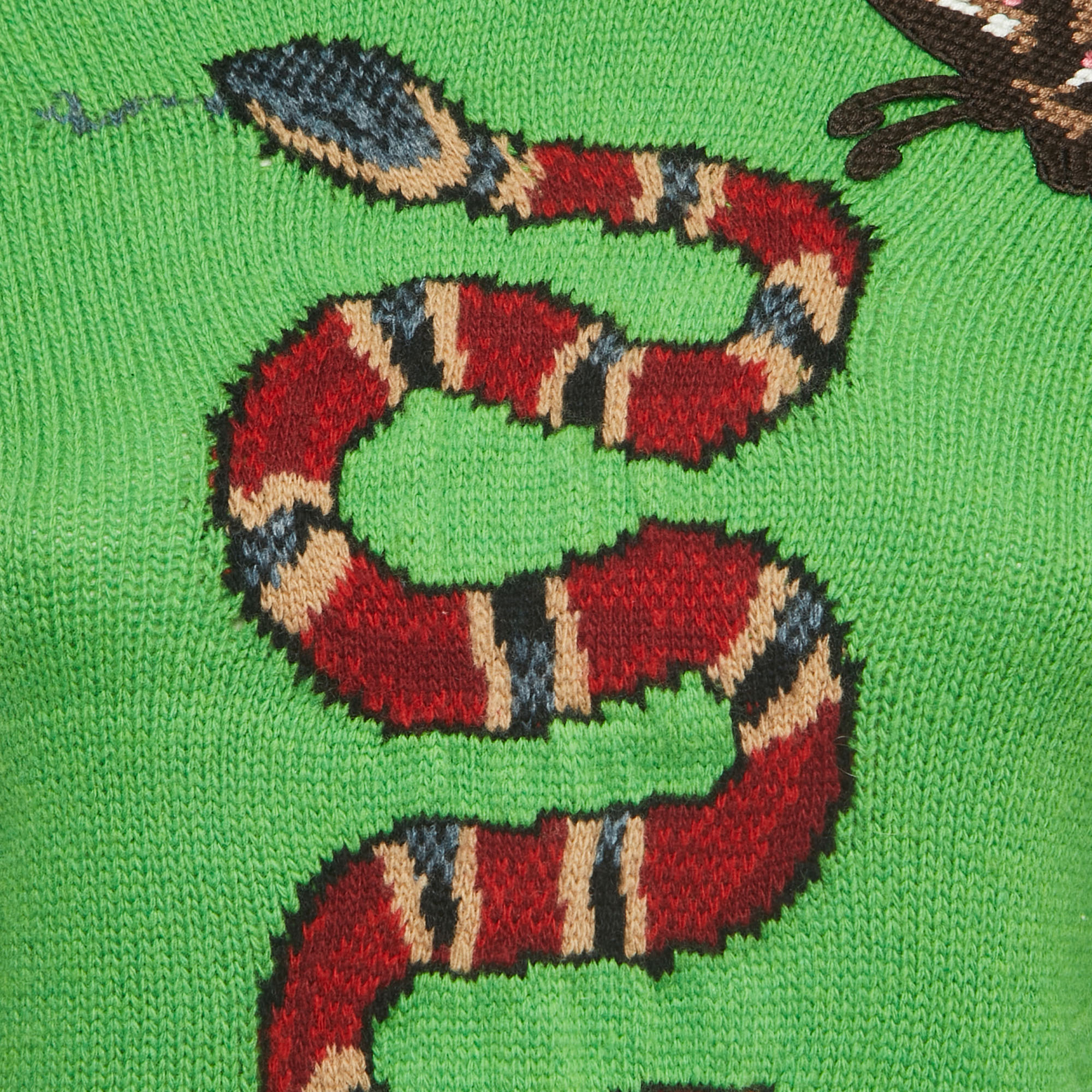 Gucci Green Snake Patterned Wool Butterfly Patch Crew Neck Sweater XXS