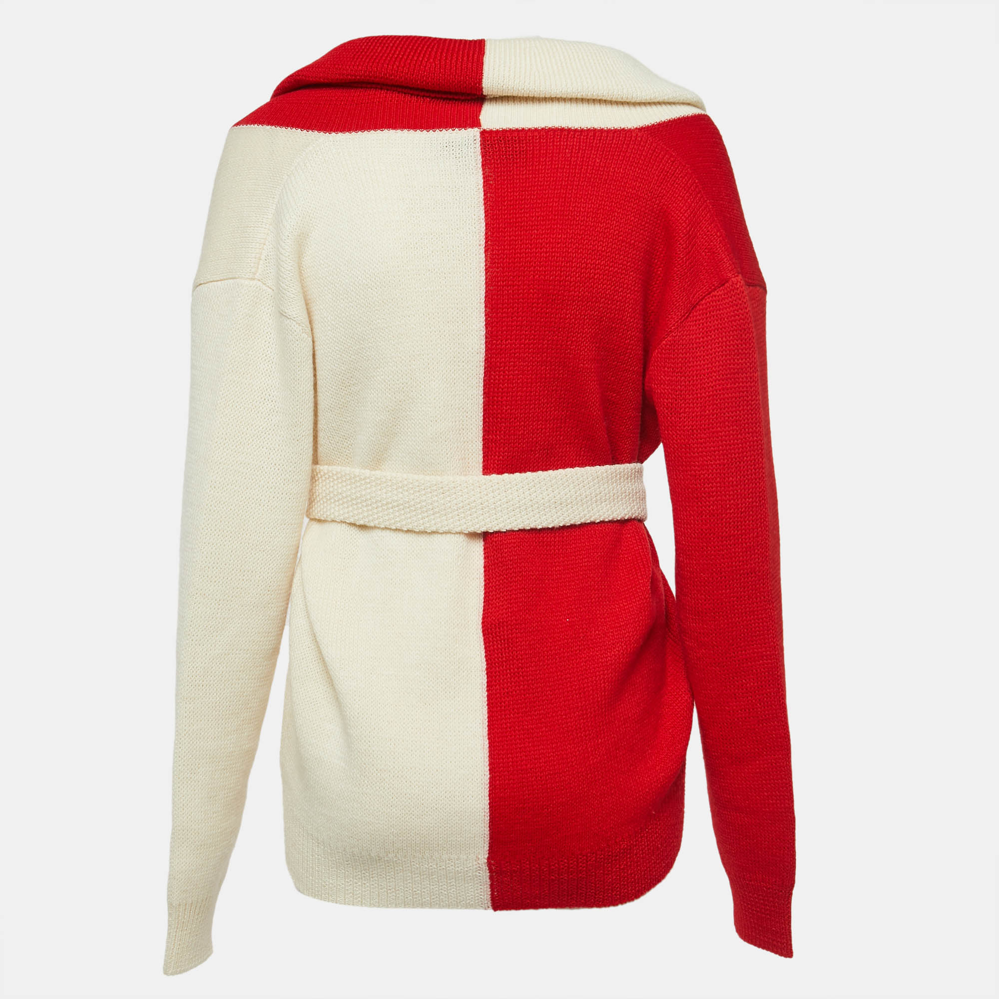 Gucci Red/Cream Wool Knit Off Shoulder Belted Sweater S