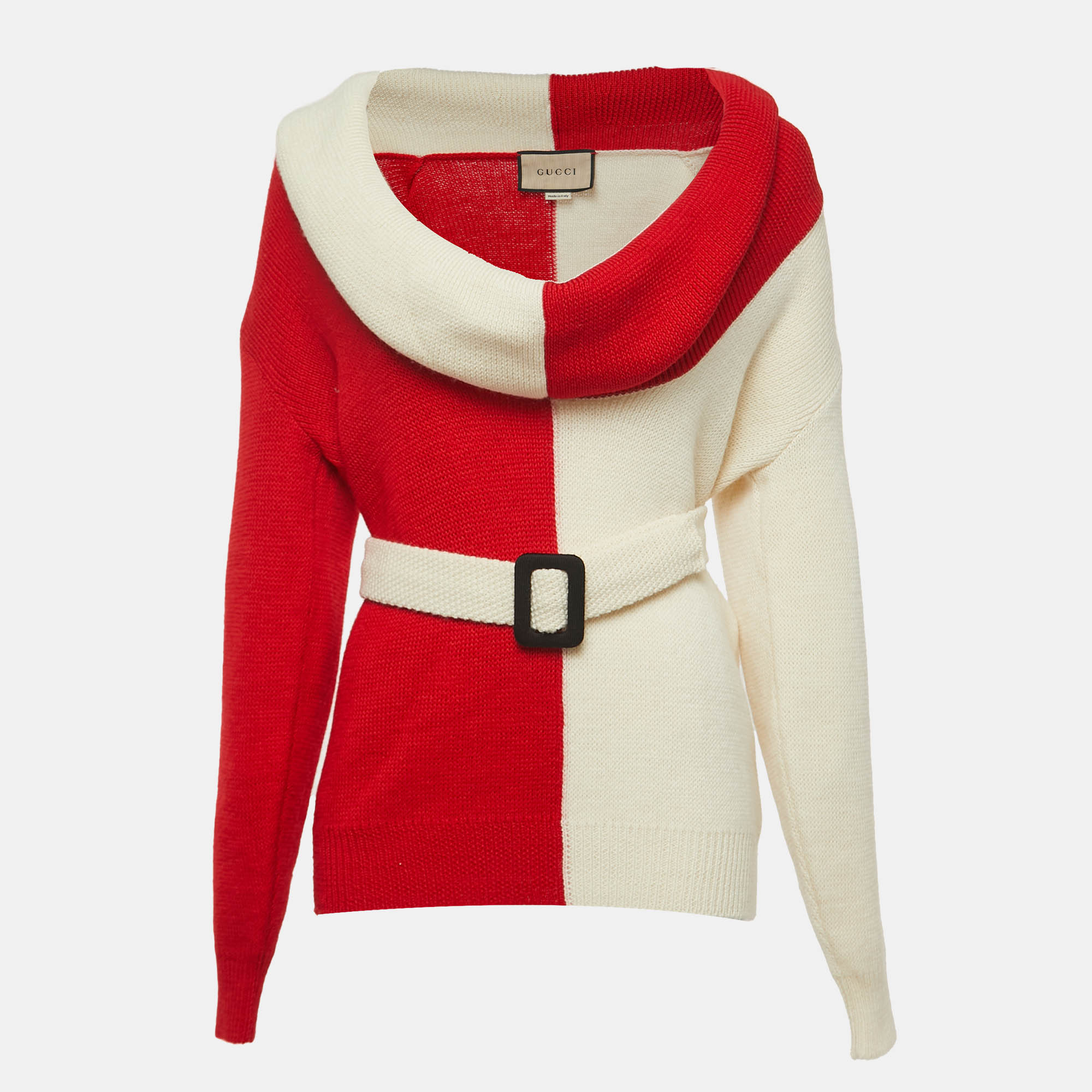 Gucci Red/Cream Wool Knit Off Shoulder Belted Sweater S