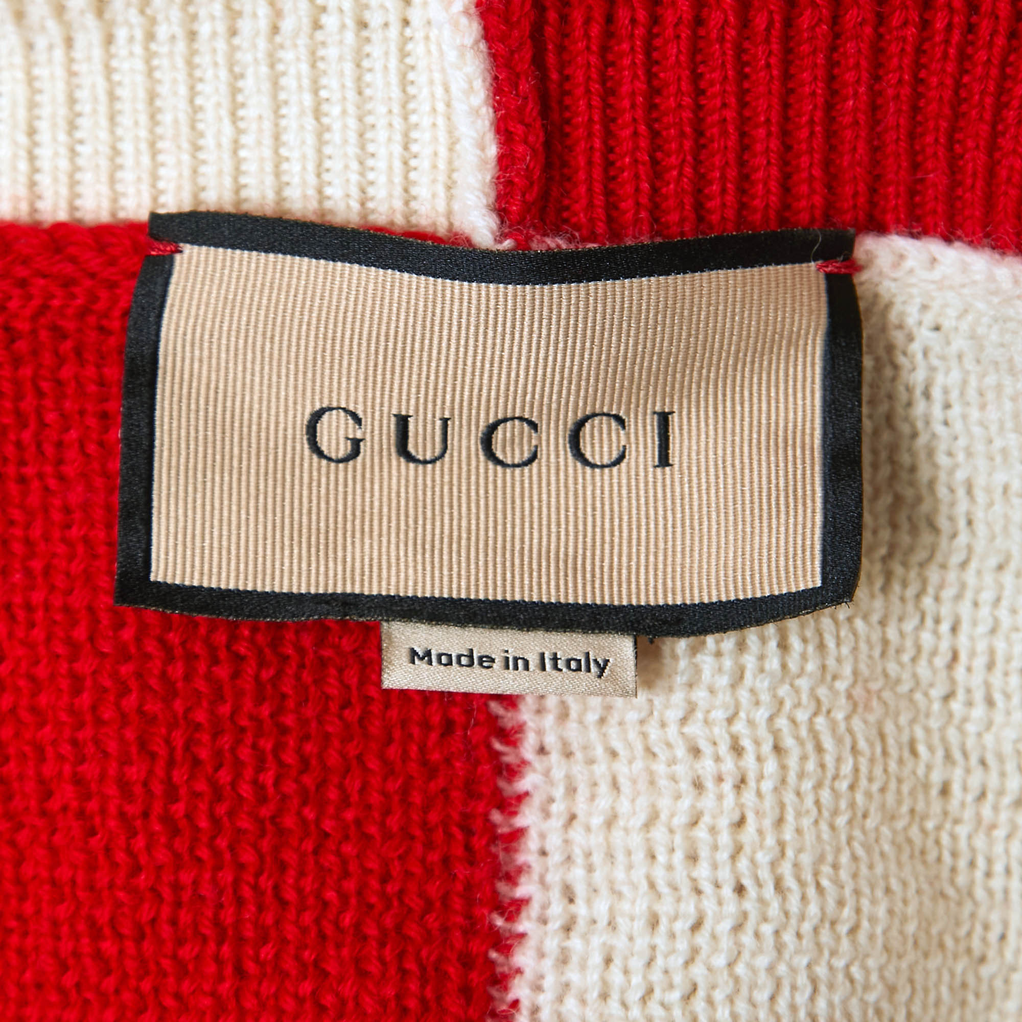 Gucci Red/Cream Wool Knit Off Shoulder Belted Sweater S