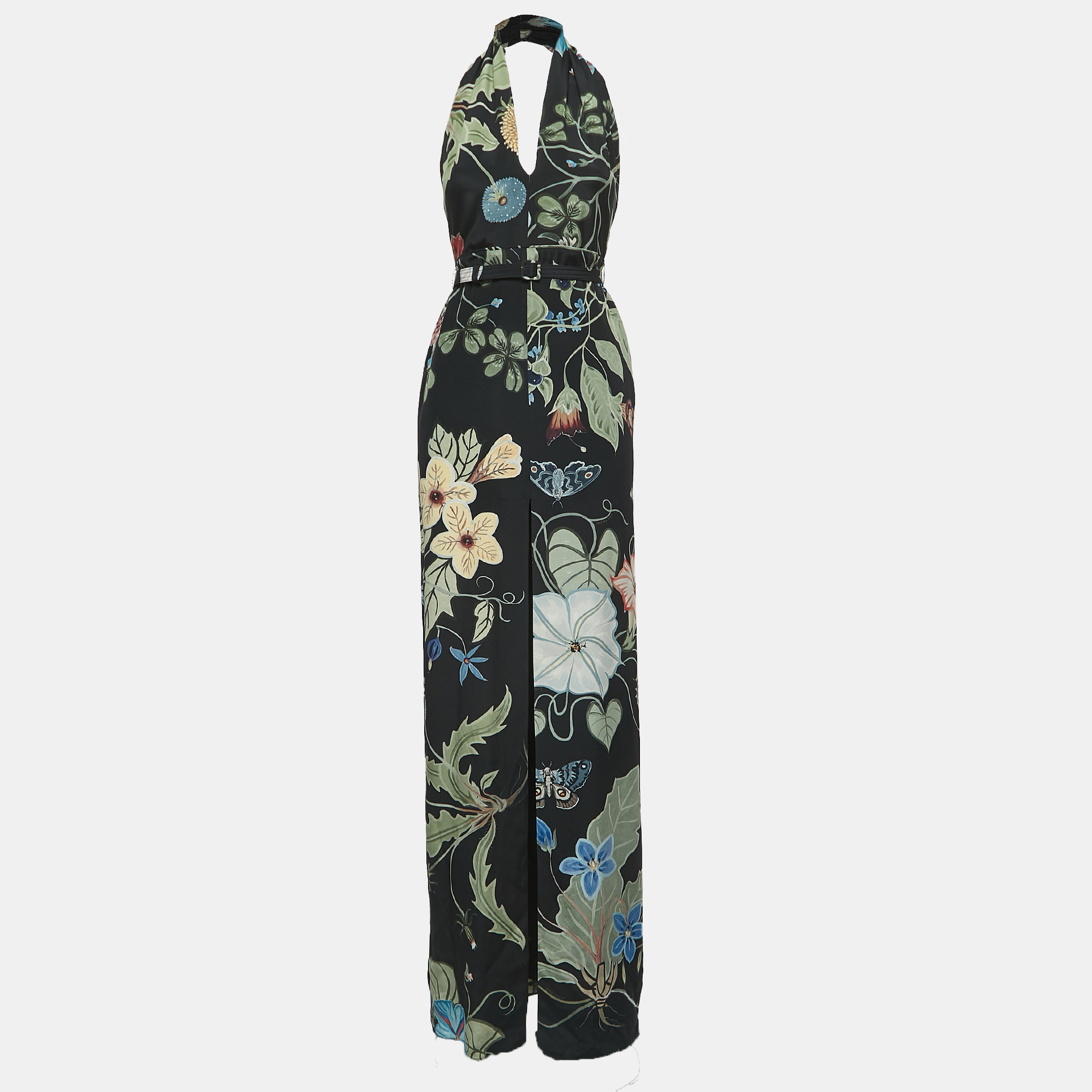 Gucci black floral print silk halter neck slit detail maxi dress s