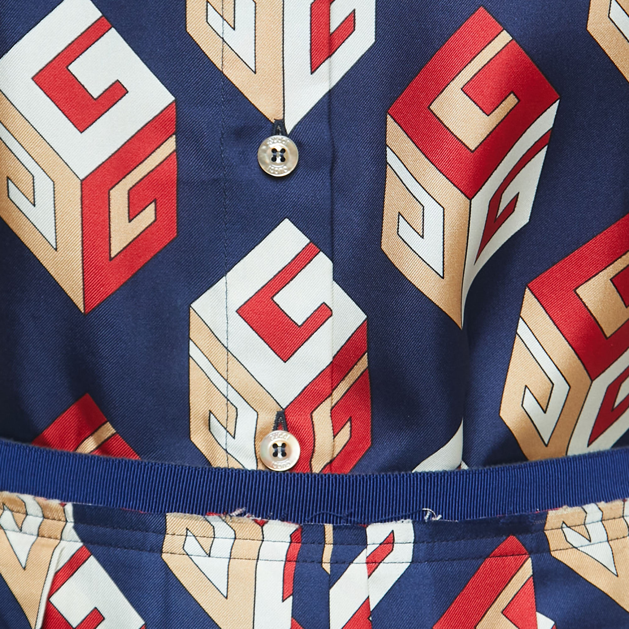 Gucci Navy Blue/Red Logo Motif Print Silk Shirt Skirt Set S