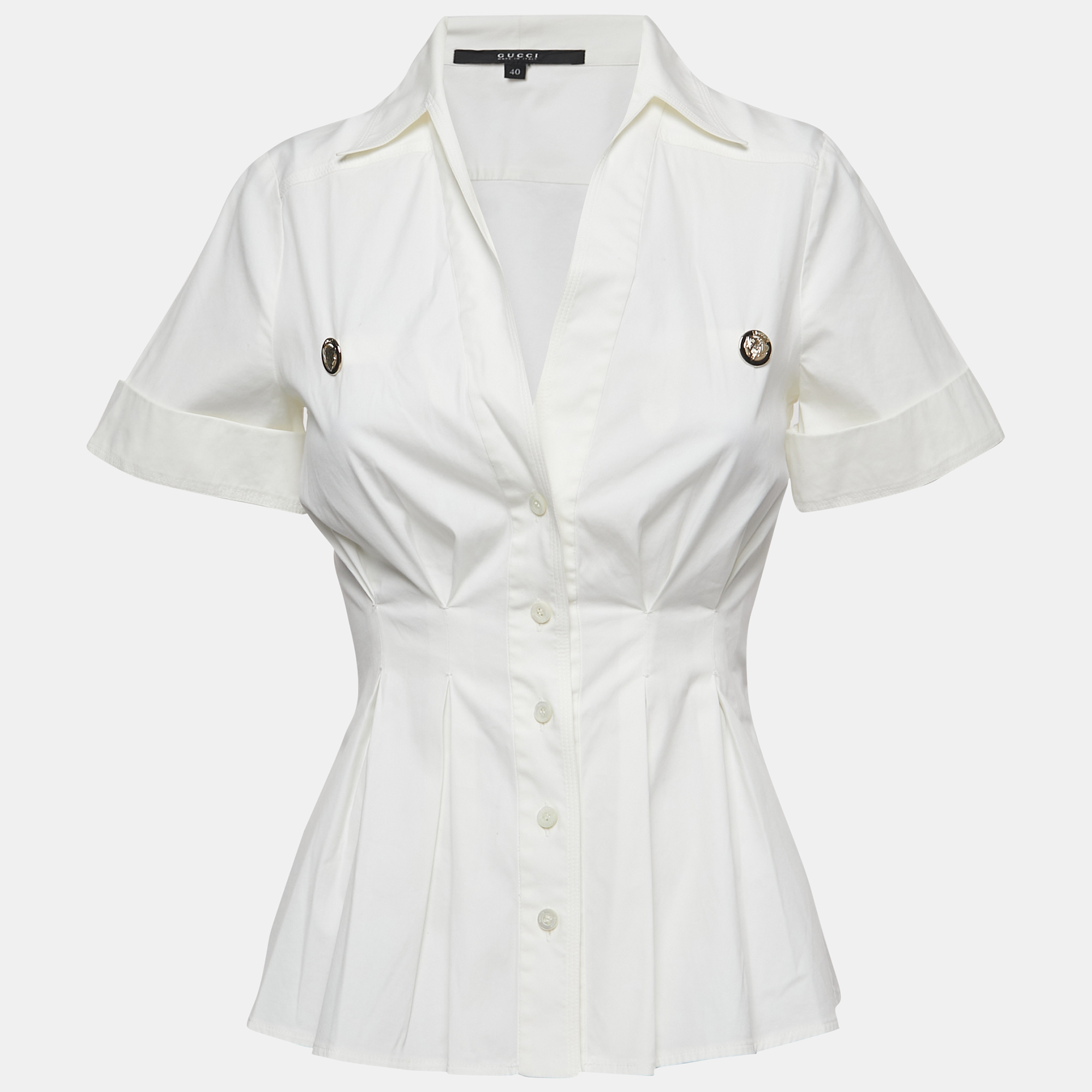 Gucci White Cotton Button Front Pleated Half Sleeve Shirt S