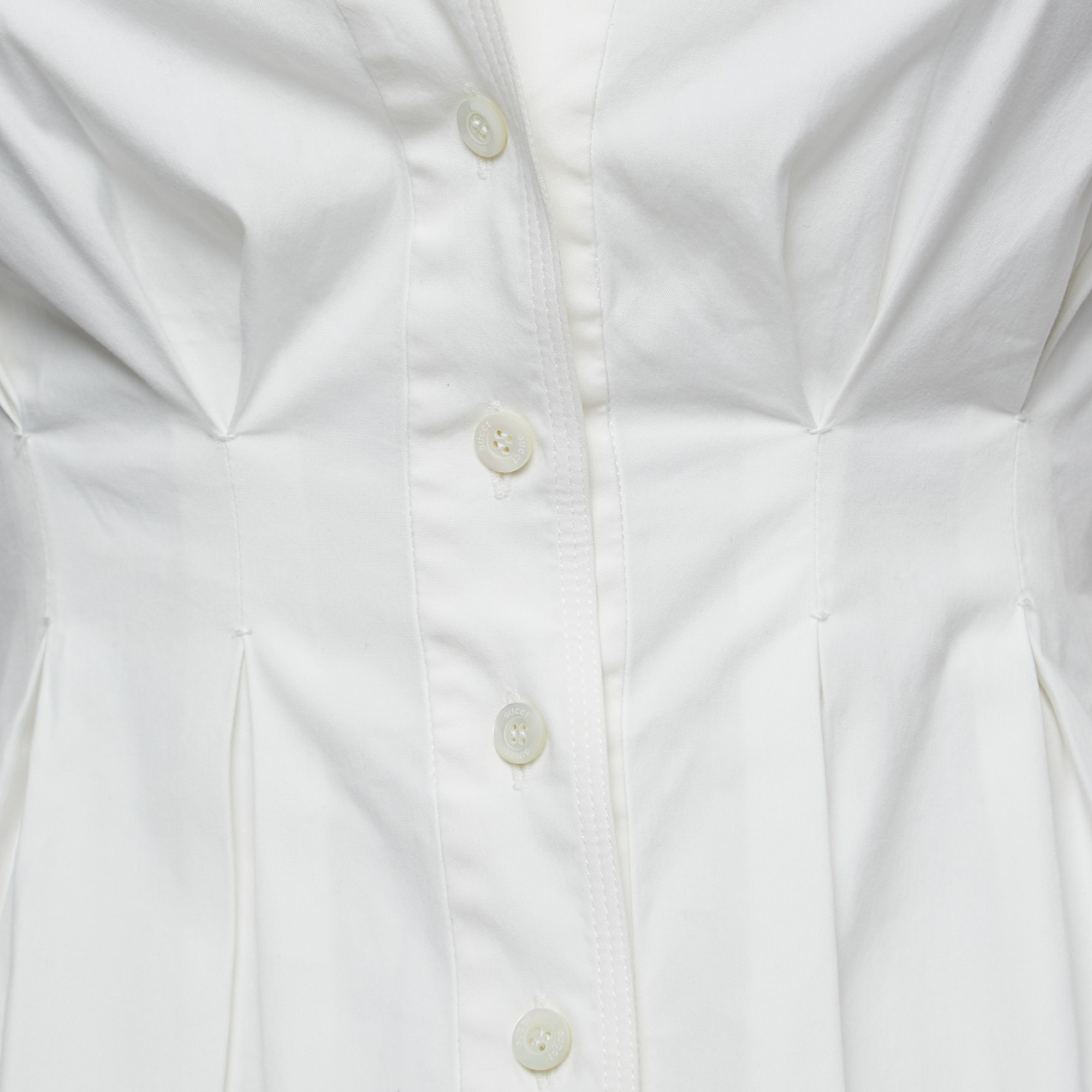 Gucci White Cotton Button Front Pleated Half Sleeve Shirt S