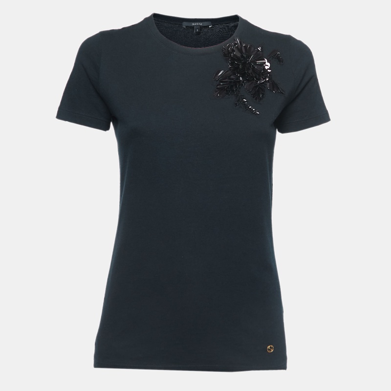 Gucci Black Cotton Floral Appliqued Short Sleeve T-Shirt S