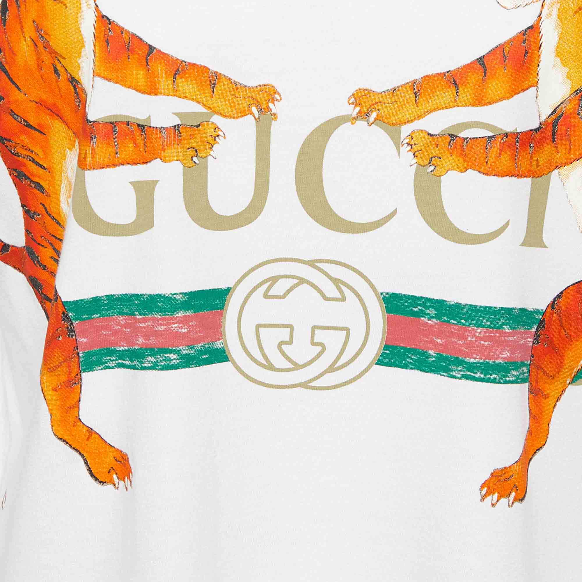 Gucci White Tiger Logo Printed Cotton Knit Oversized T-Shirt S