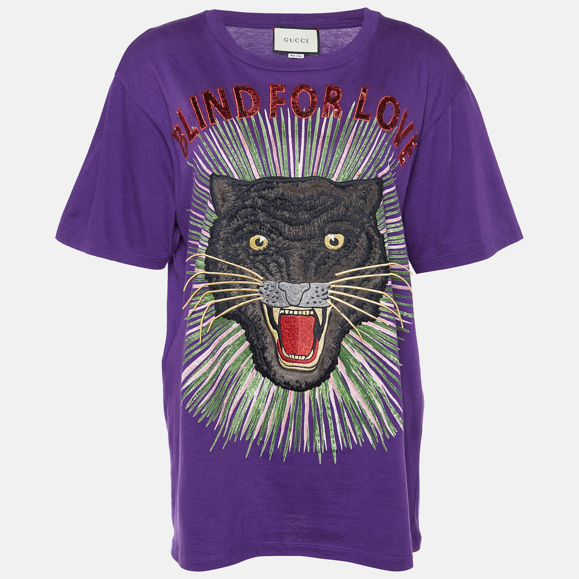 Gucci Purple Cotton Blind For Love Embroidered T-Shirt XS
