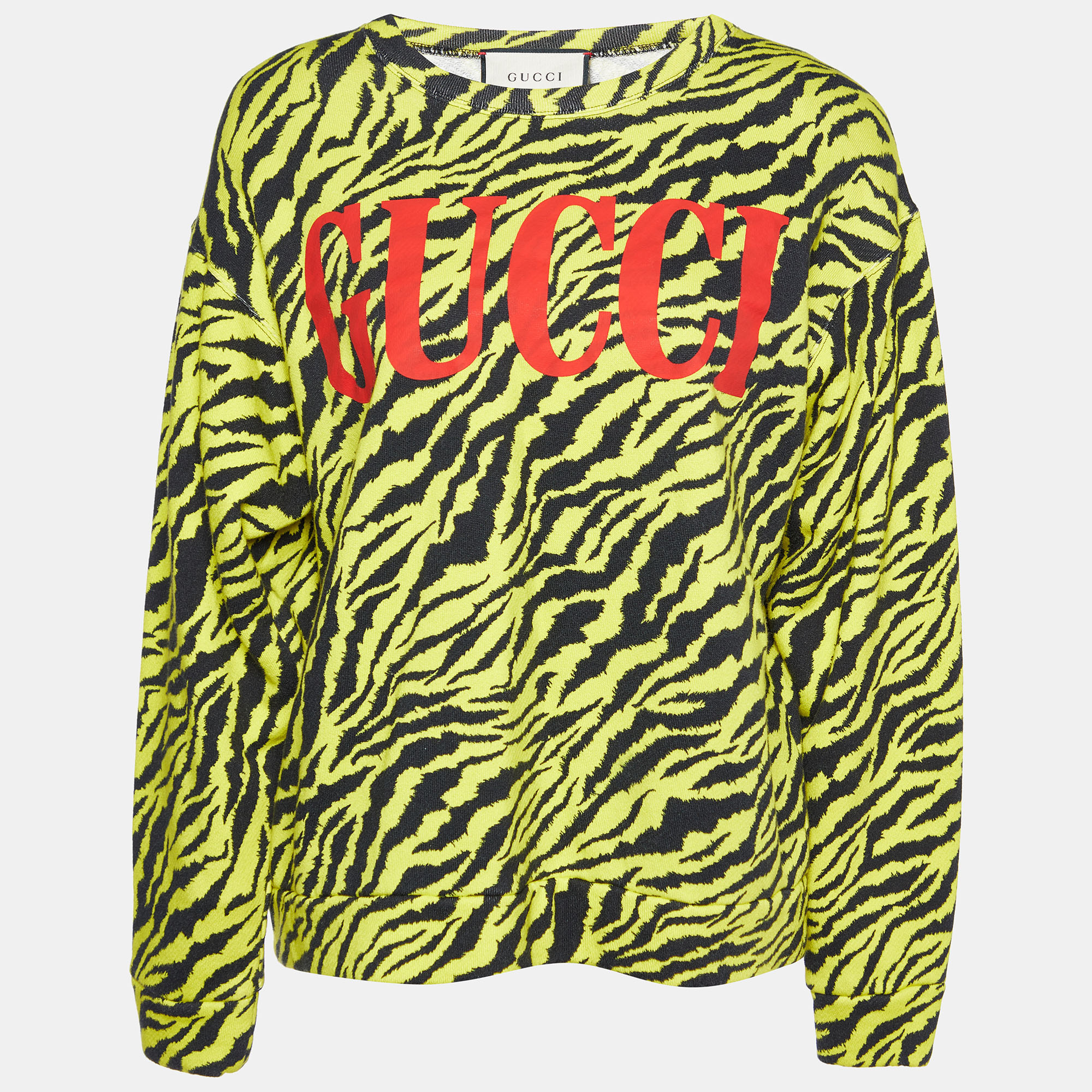Gucci Yellow & Black Animal Logo Printed Cotton Knit Sweatshirt S
