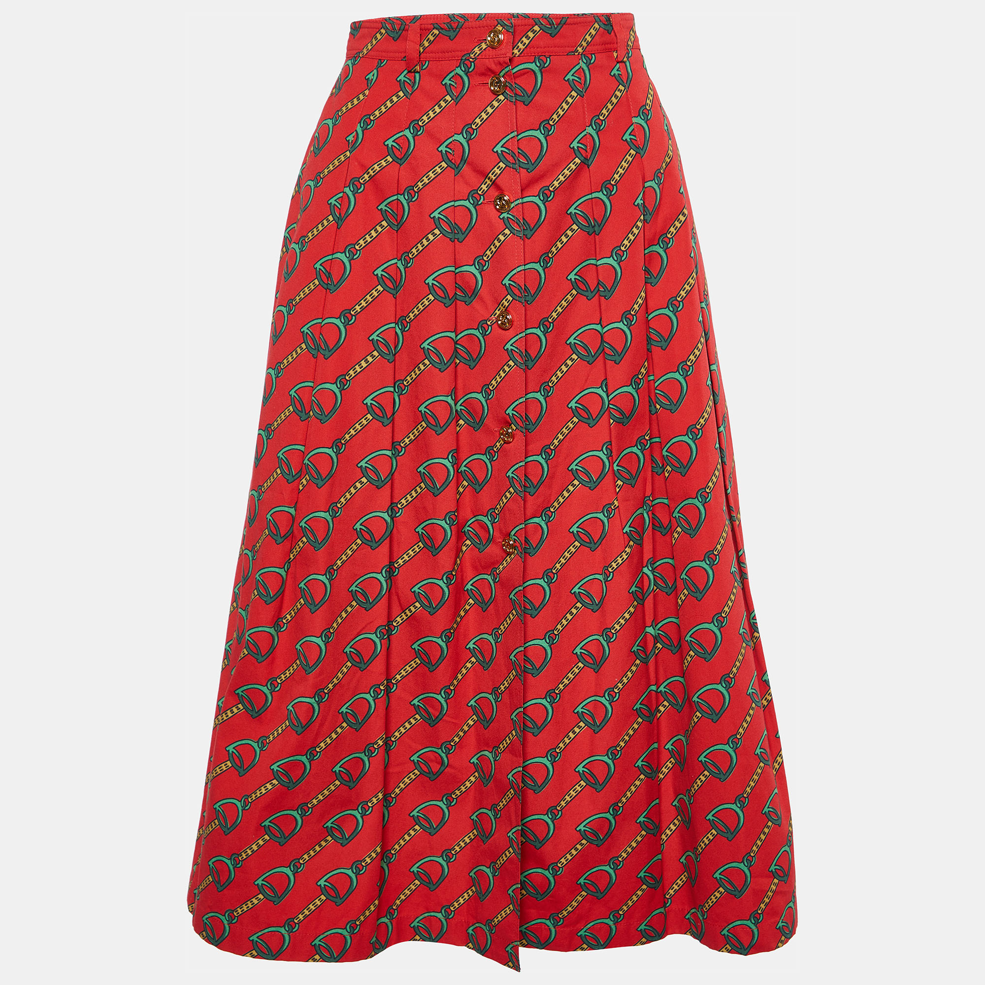 Gucci Red Horsebit Print Cotton Pleated Midi Skirt S