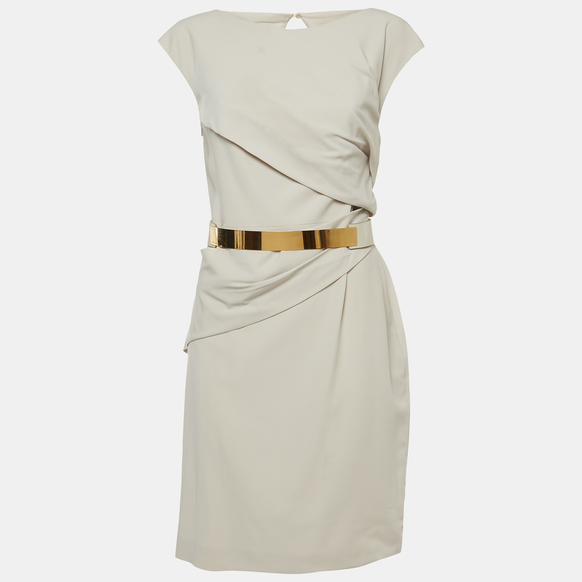 Gucci Pale Grey Stretch Cady Belted Knee-Length Dress M