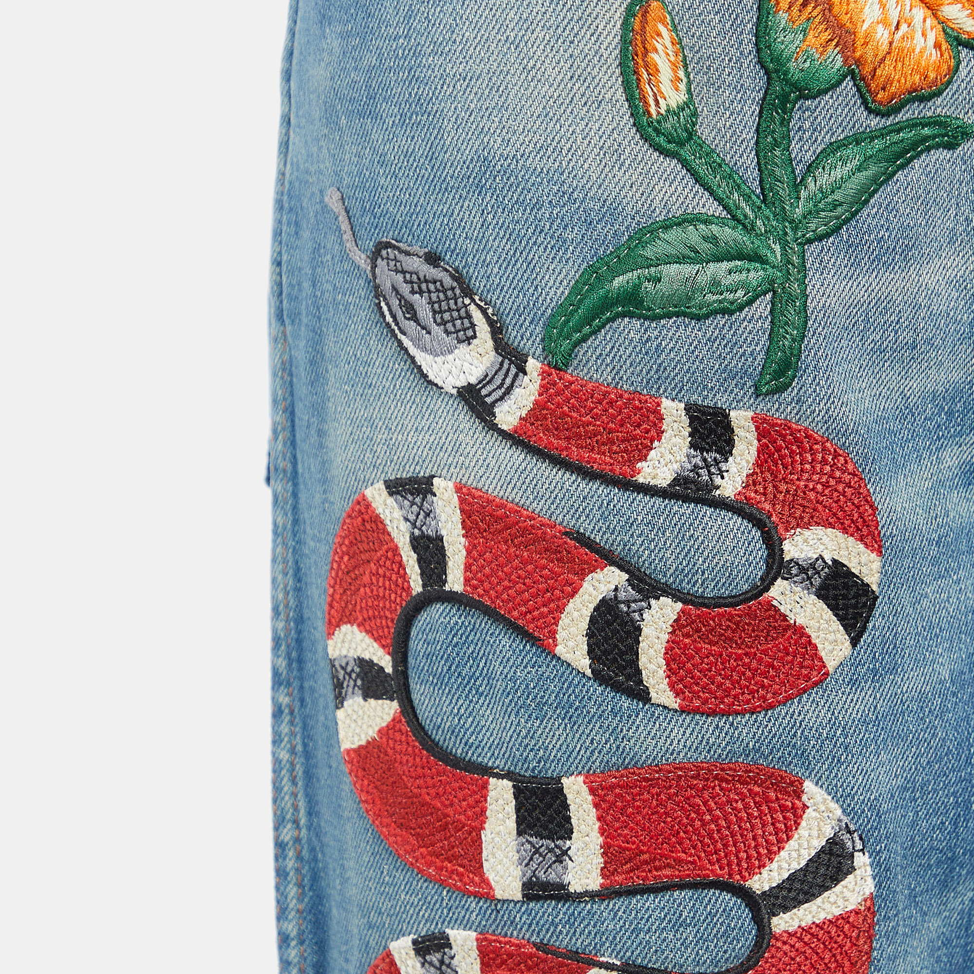 Gucci Blue Floral Snake Embroidered Denim Boyfriend Fit Jeans S/Waist 32