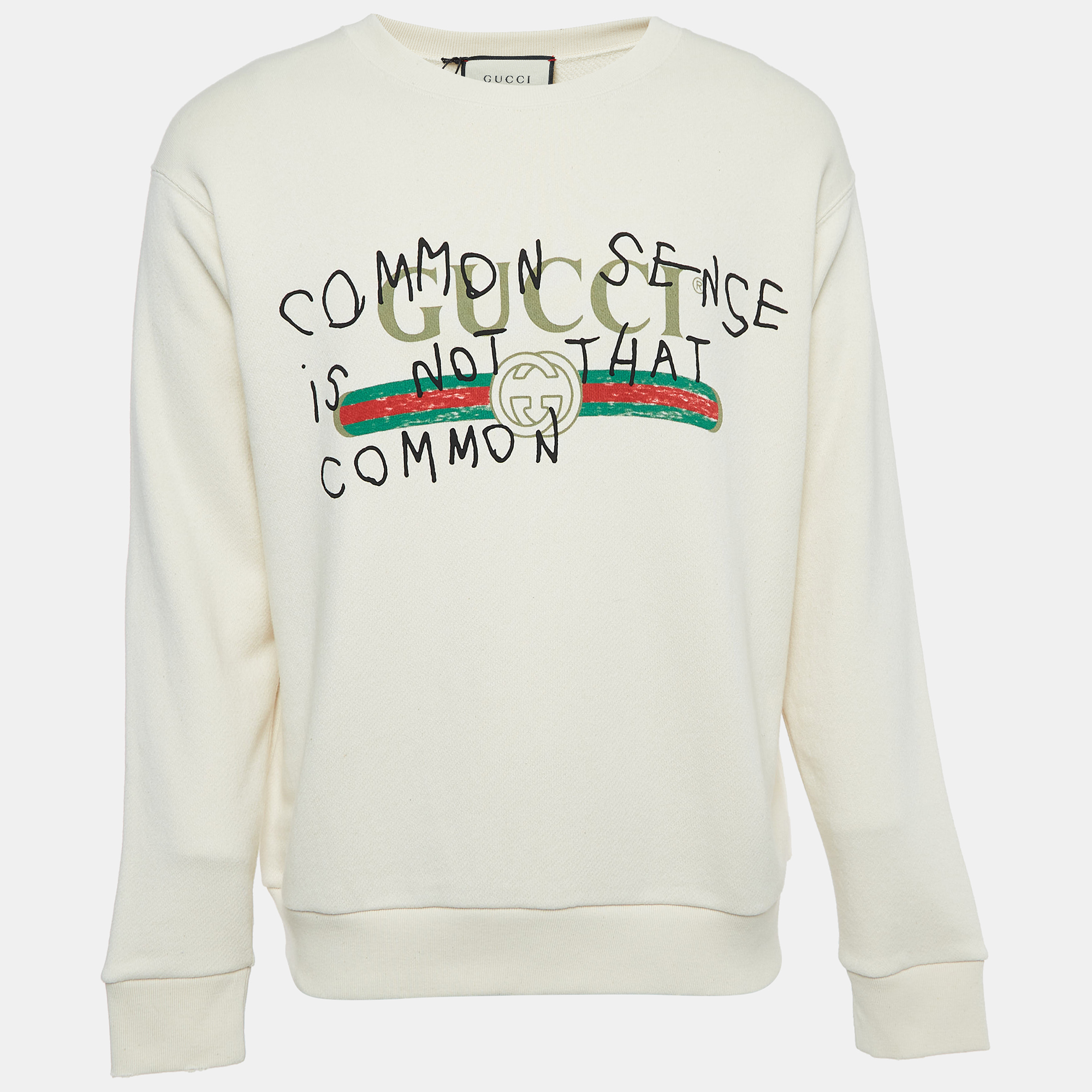 Gucci Cream Logo Print Distressed Cotton Sweatshirt S