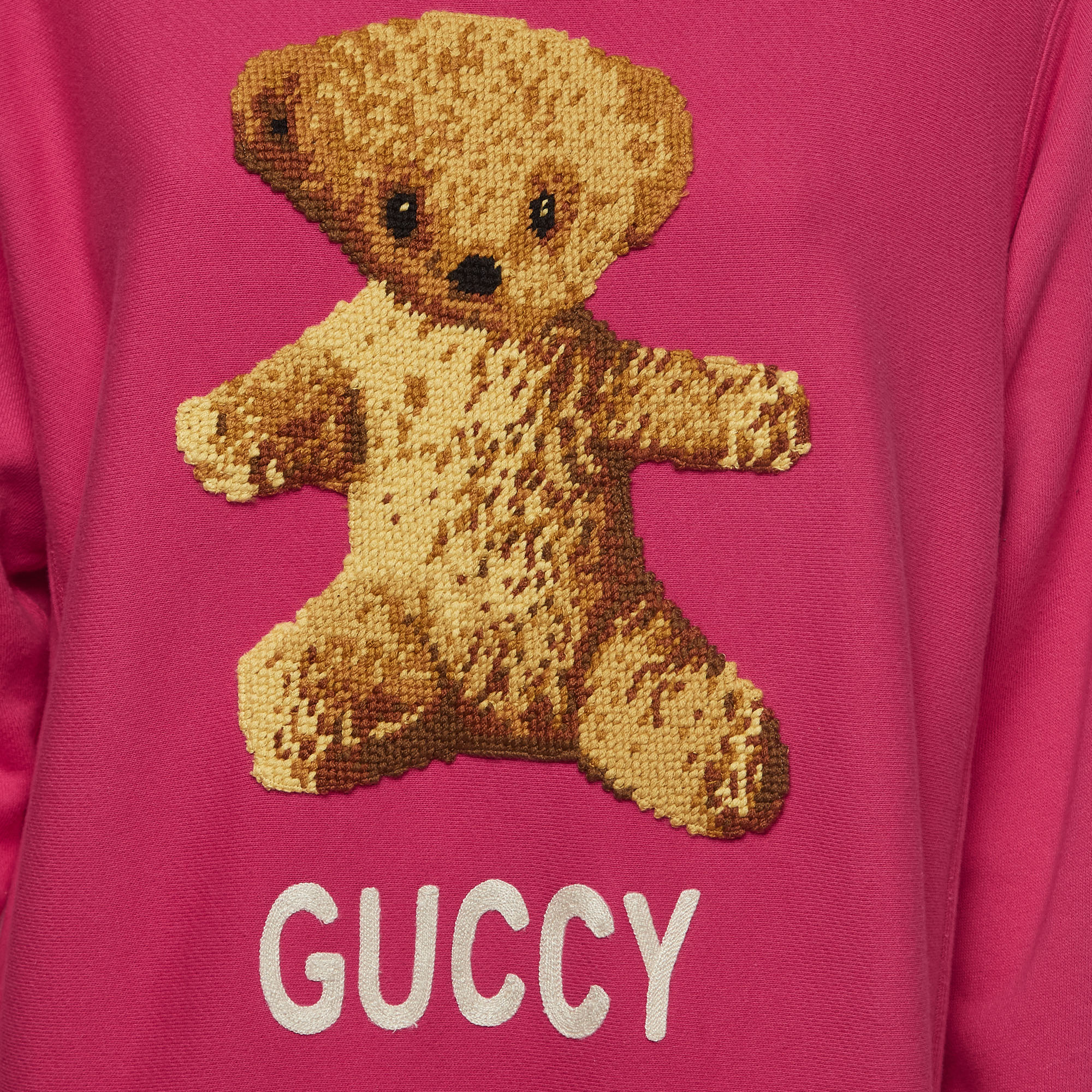 Gucci Pink Cotton Knit Embroidered Teddy Sweatshirt M