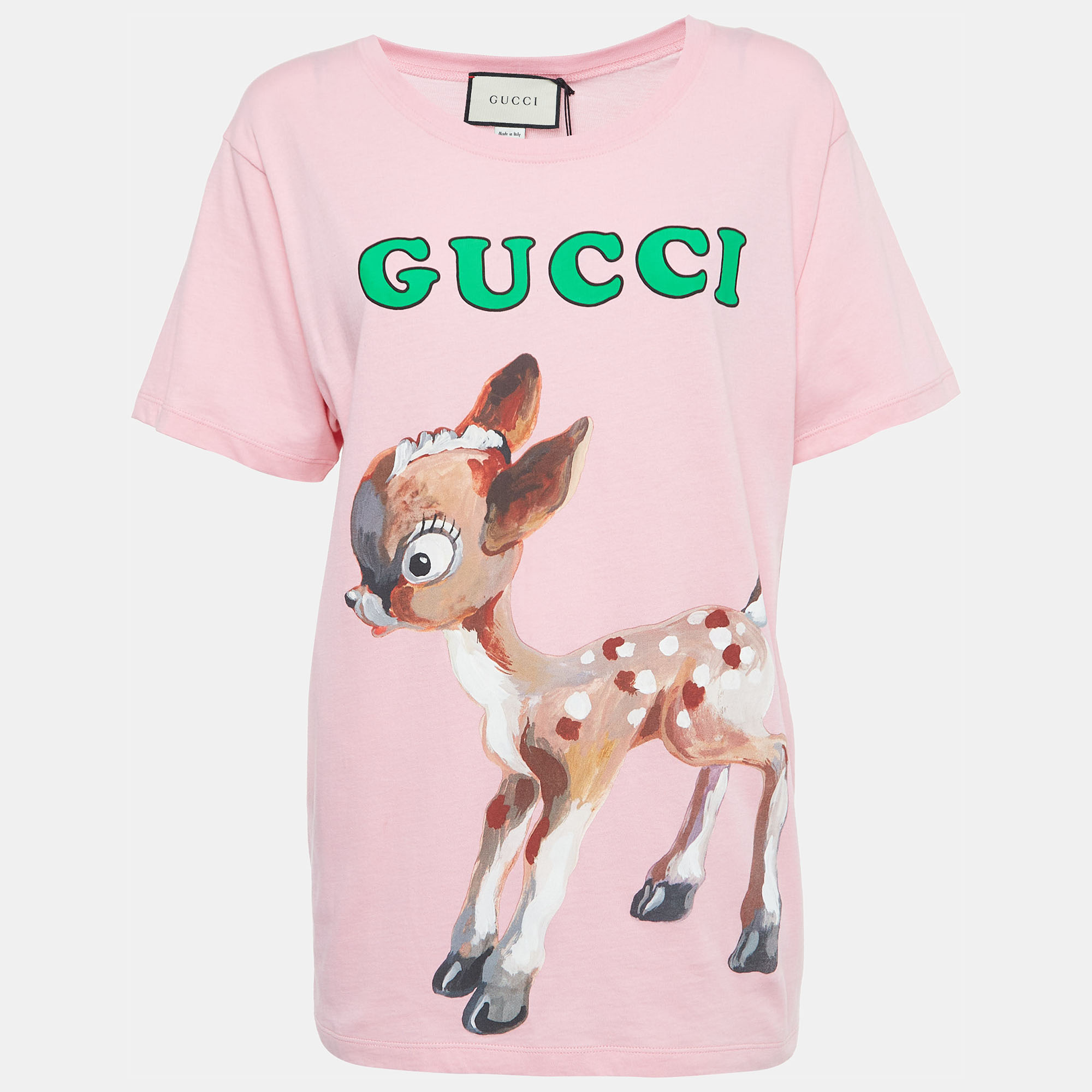 Gucci Pink Deer Logo Print Cotton T-Shirt S