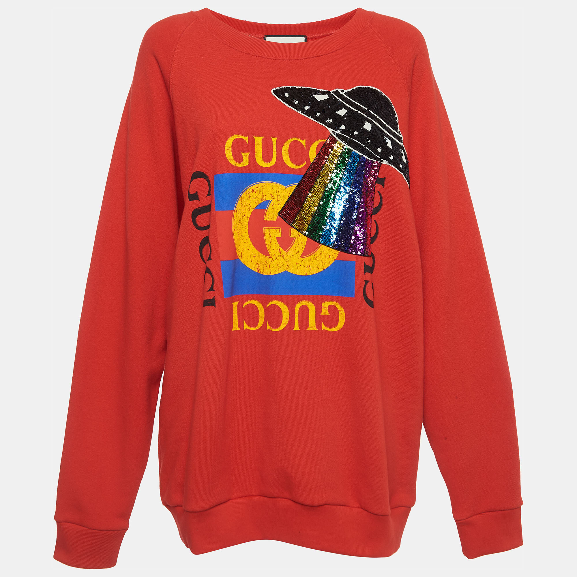 Gucci Red Sequined UFO Logo Print Sweatshirt L