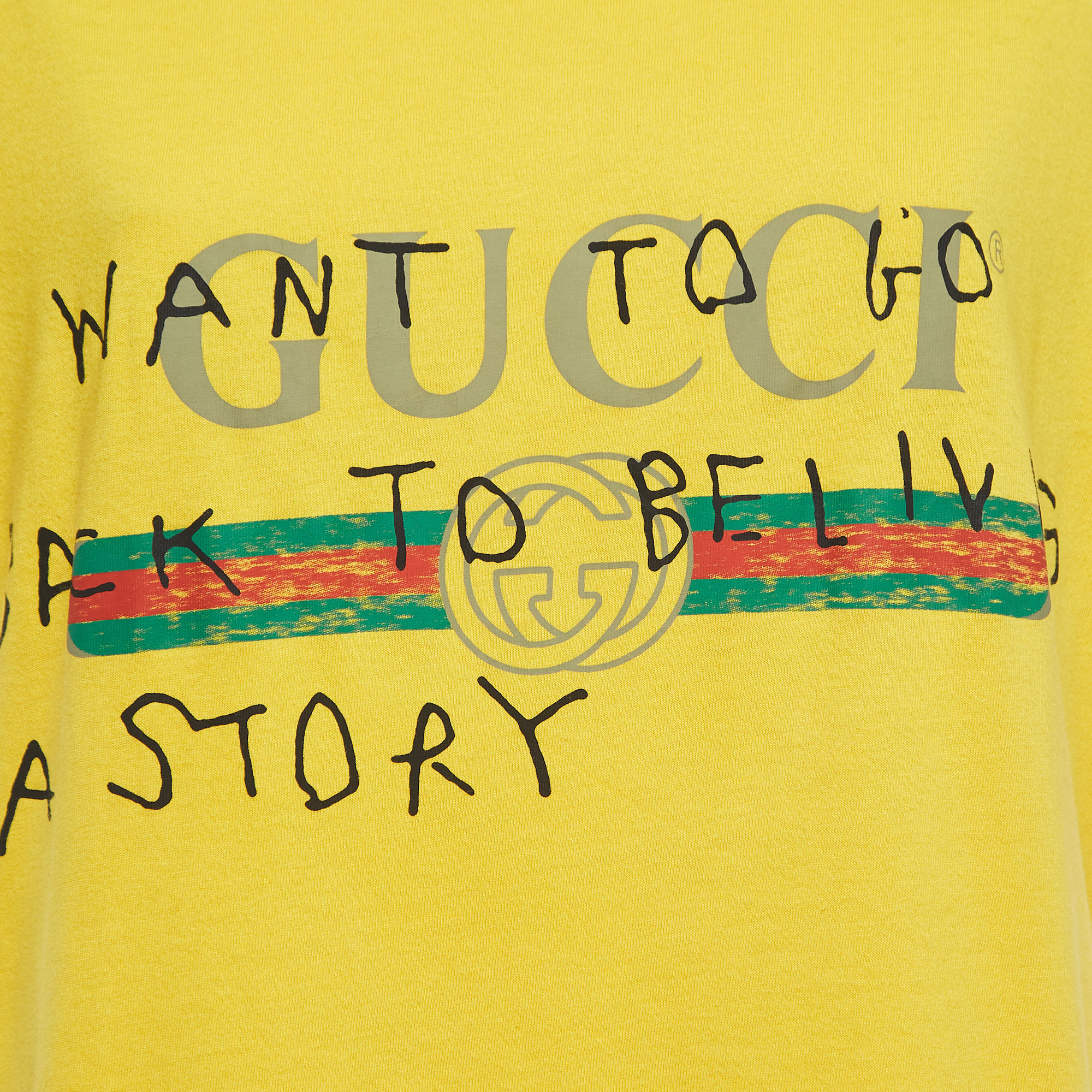 Gucci Yellow Distressed Cotton Graffiti Logo Print T-Shirt XS