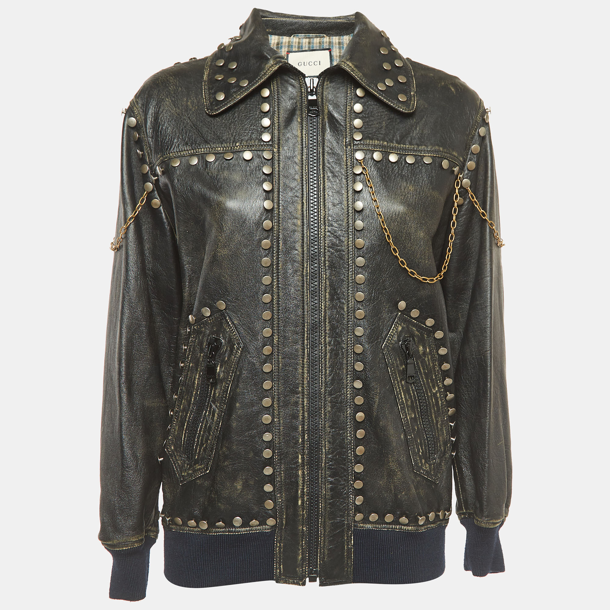Gucci black studded vintage style leather jacket m