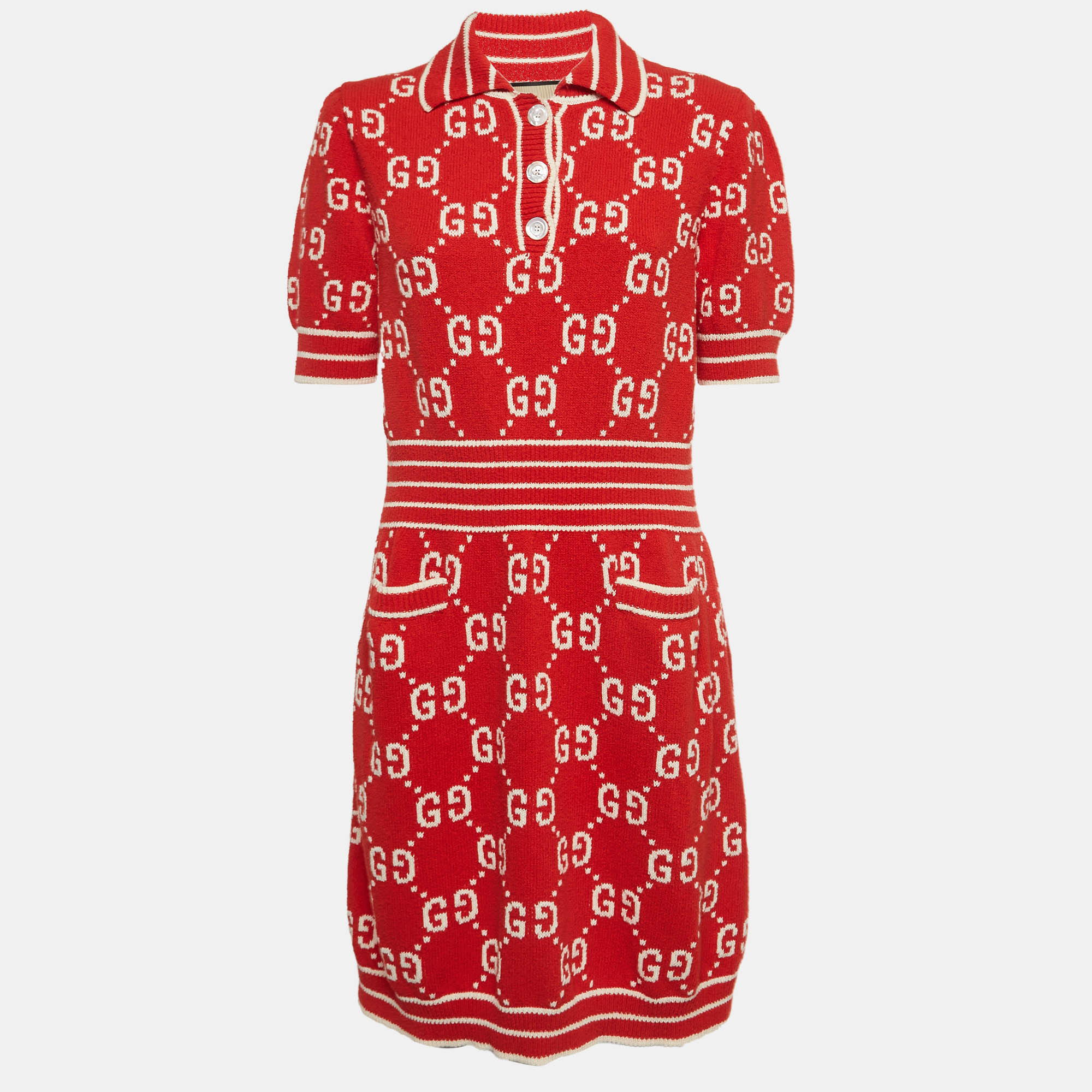 Gucci Red GG Jacquard Knit Polo Dress XL