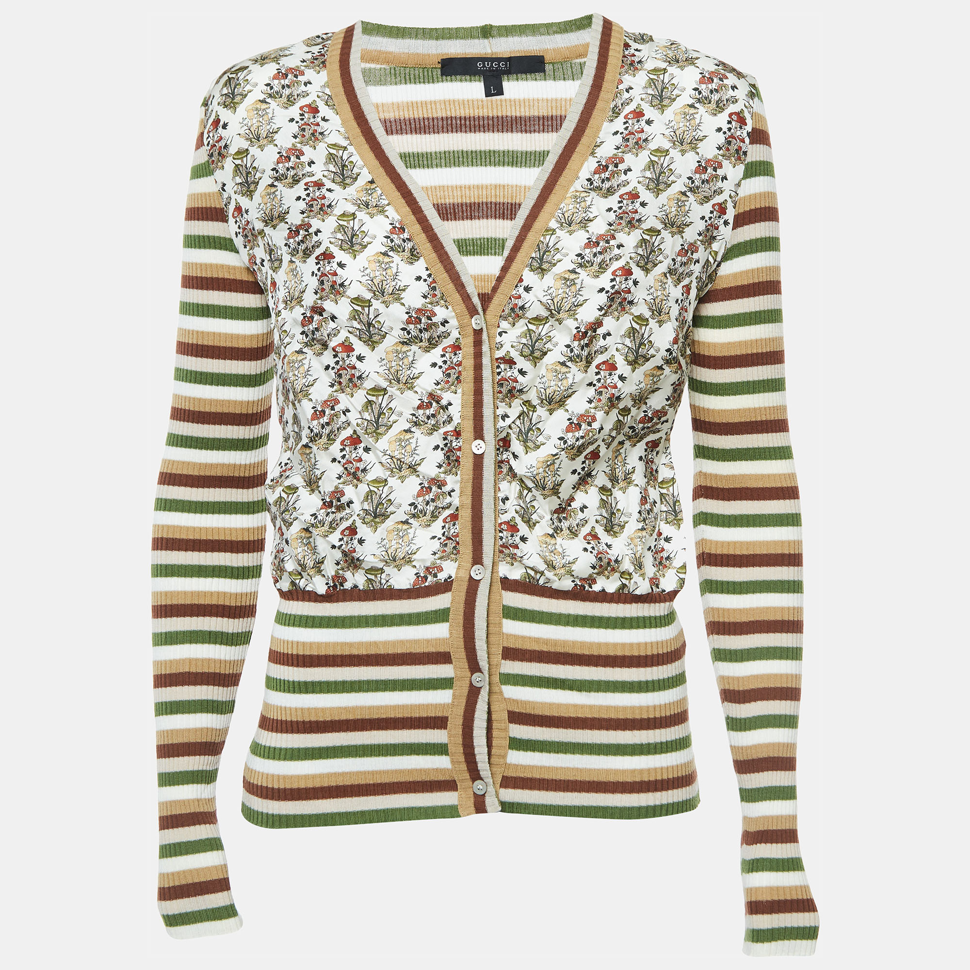 Gucci Multicolor Print Silk And Wool Knit Buttoned Cardigan L