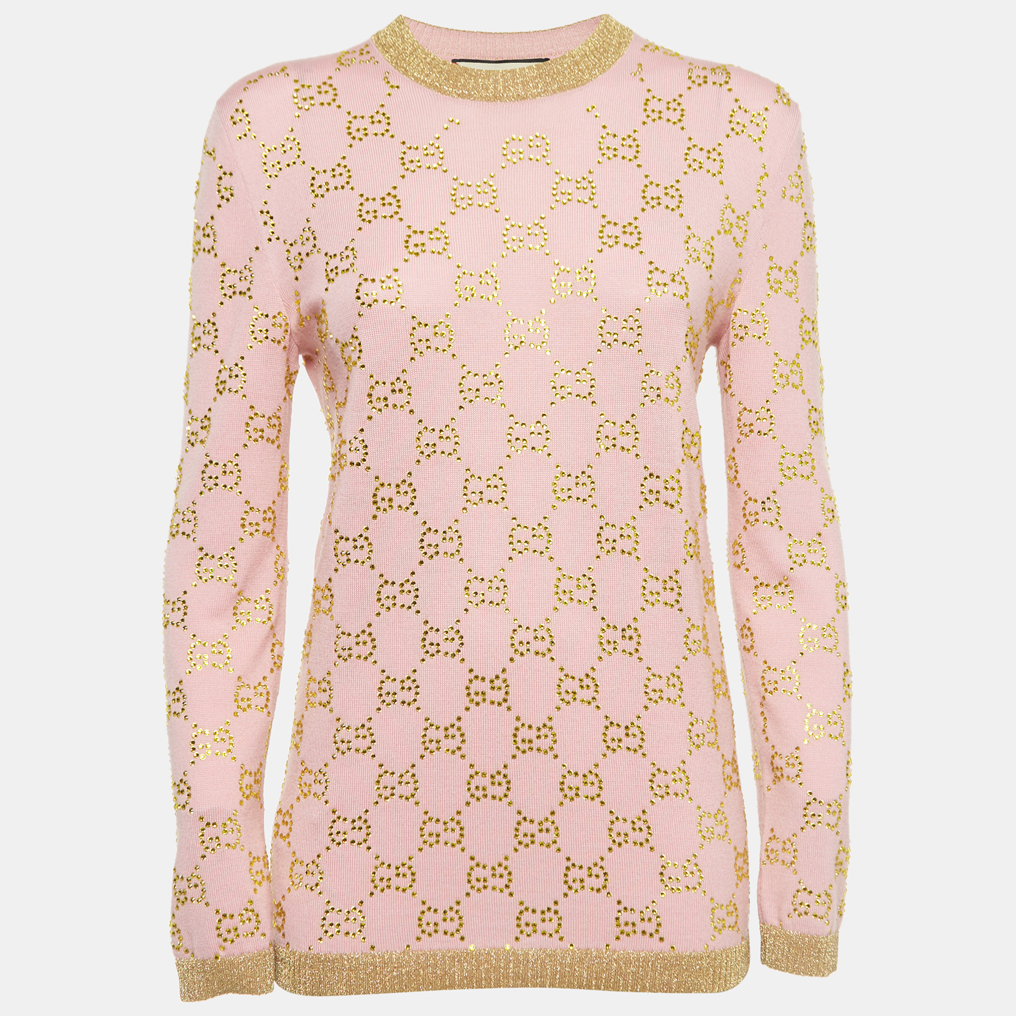 Gucci Pink GG Embellished Wool Round Neck Sweater S