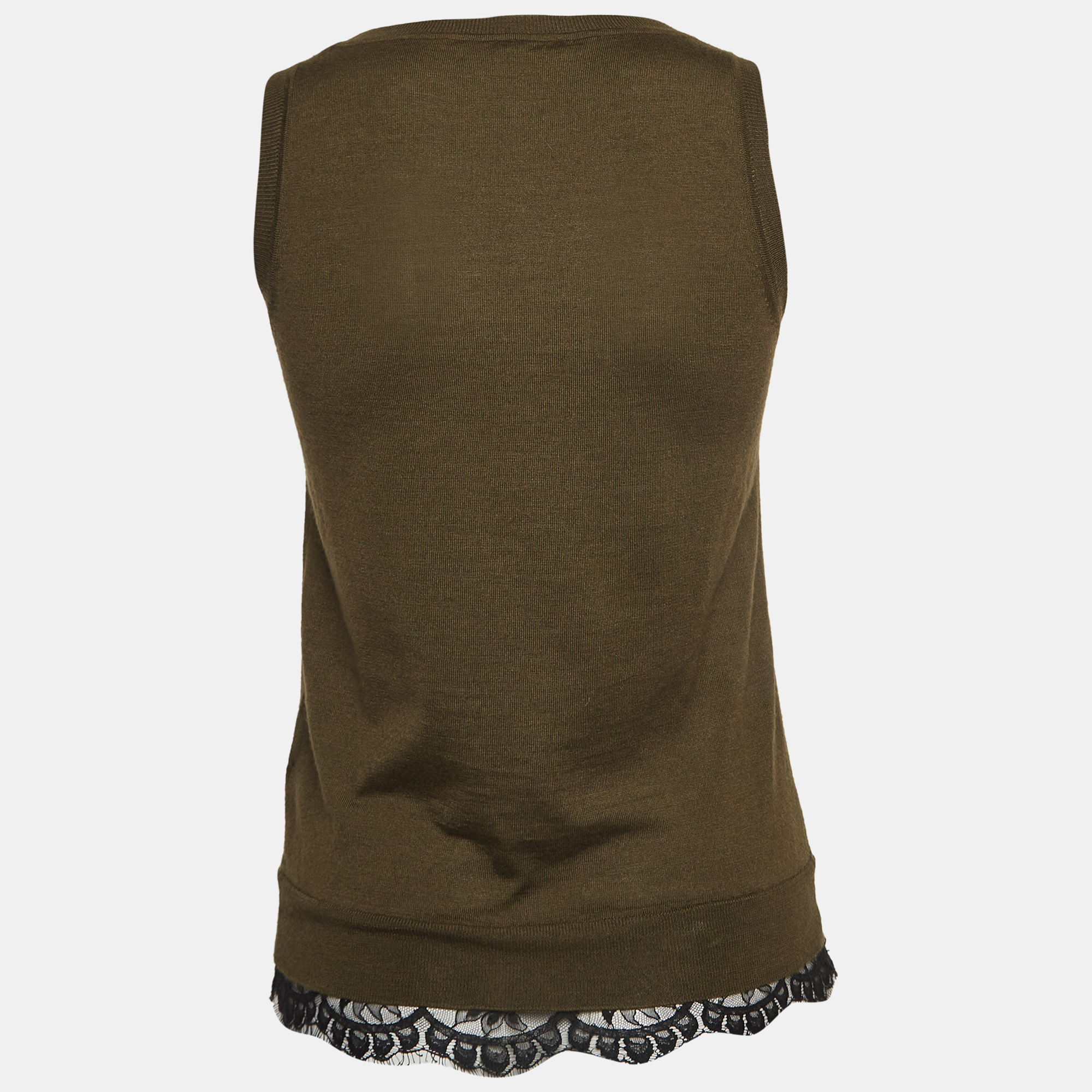 Gucci Olive Green Knit Lace Trimmed Sleeveless Top XS