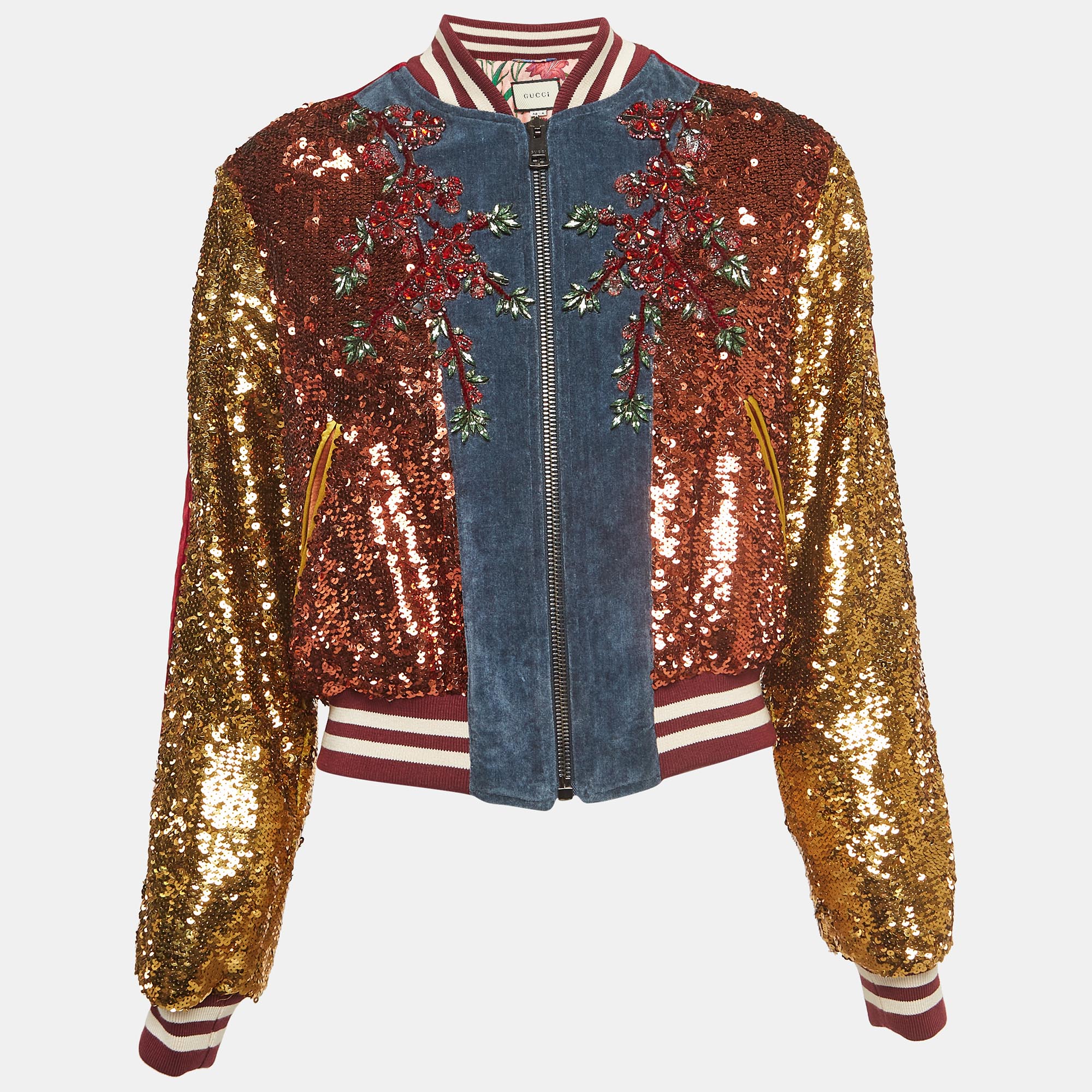 Gucci multicolor sequined embroidered bomber jacket m