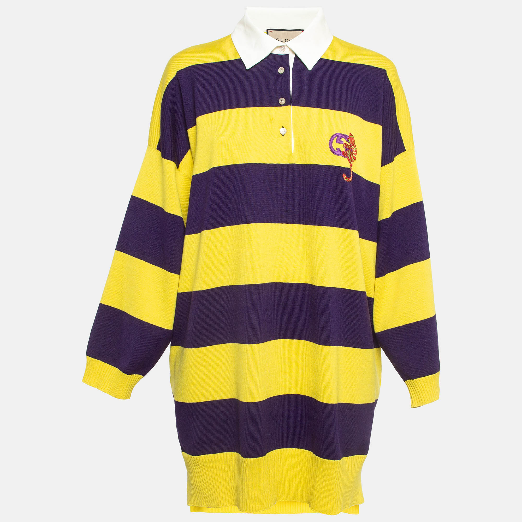 Gucci yellow/purple g cat applique striped cotton knit polo dress l