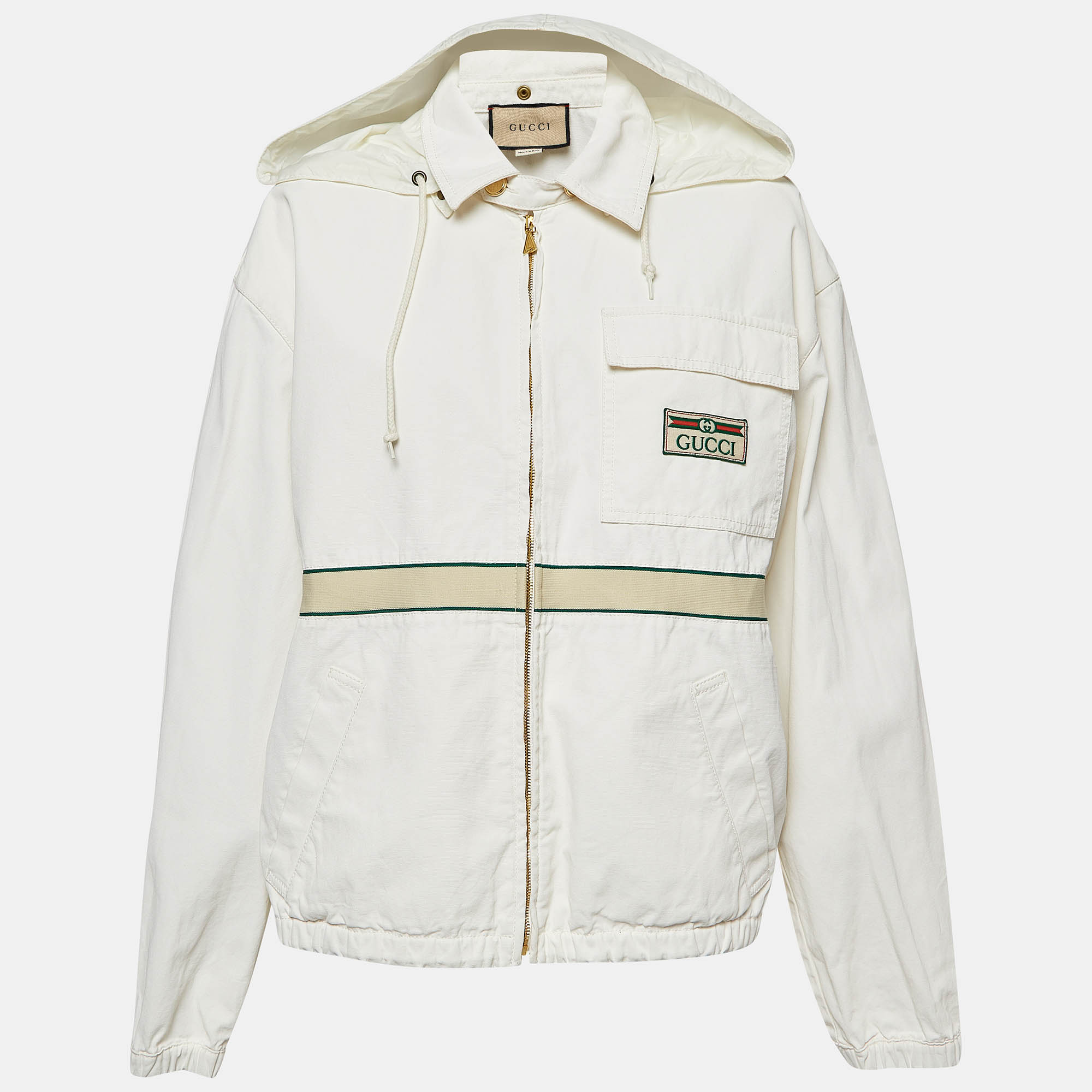 Gucci cream cotton web accent zip front hooded windbreaker jacket l