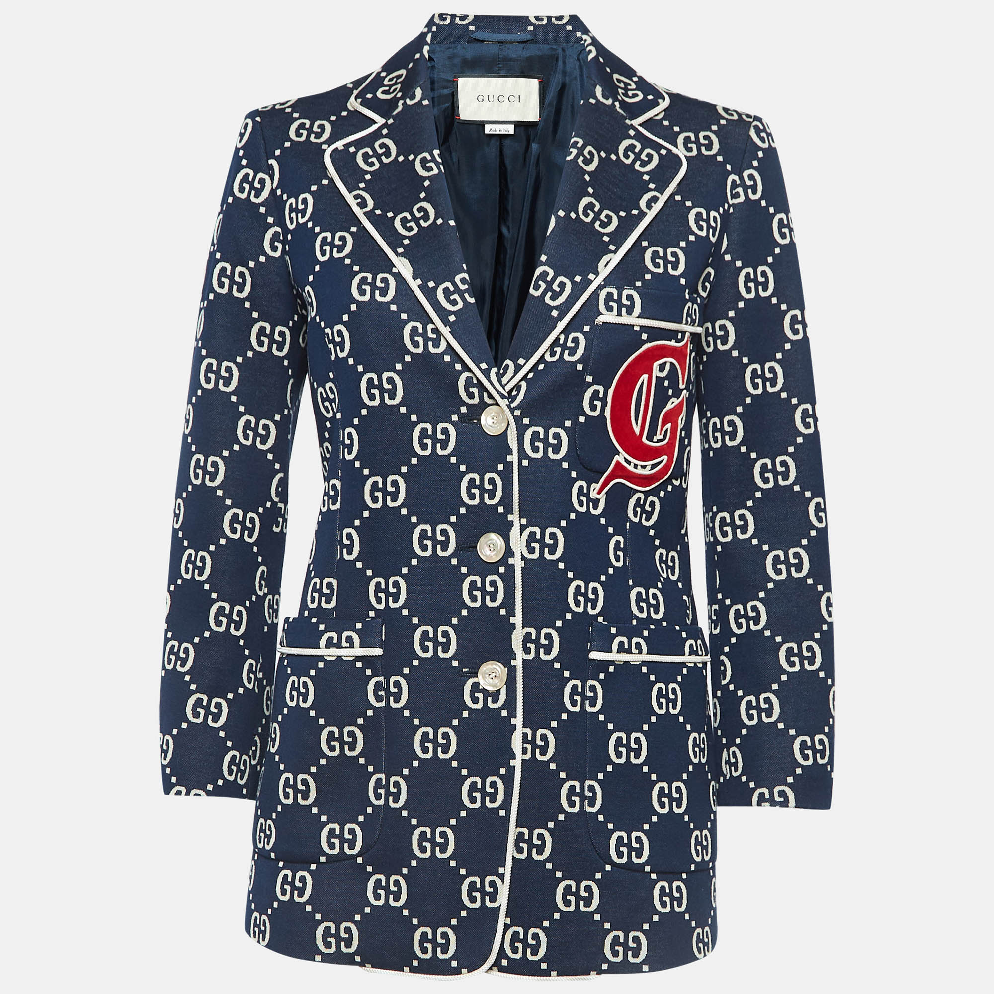 Gucci navy blue gg jacquard applique detail jersey jacket s
