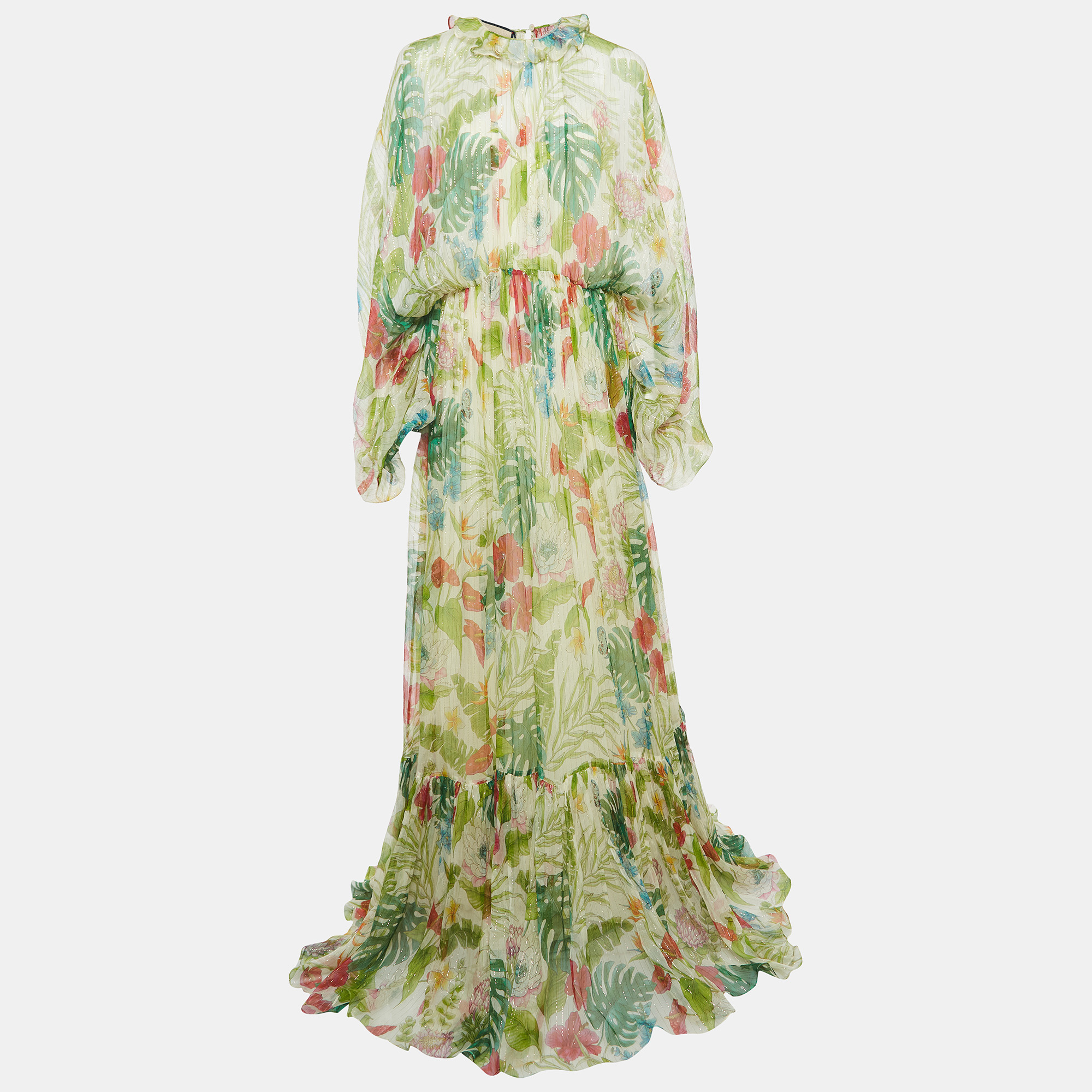 Gucci green floral printed lurex silk long dress m