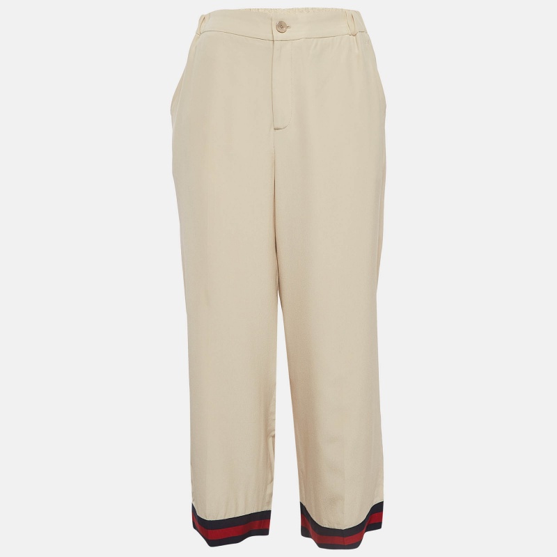 Gucci beige silk web stripe trimmed wide leg pants m