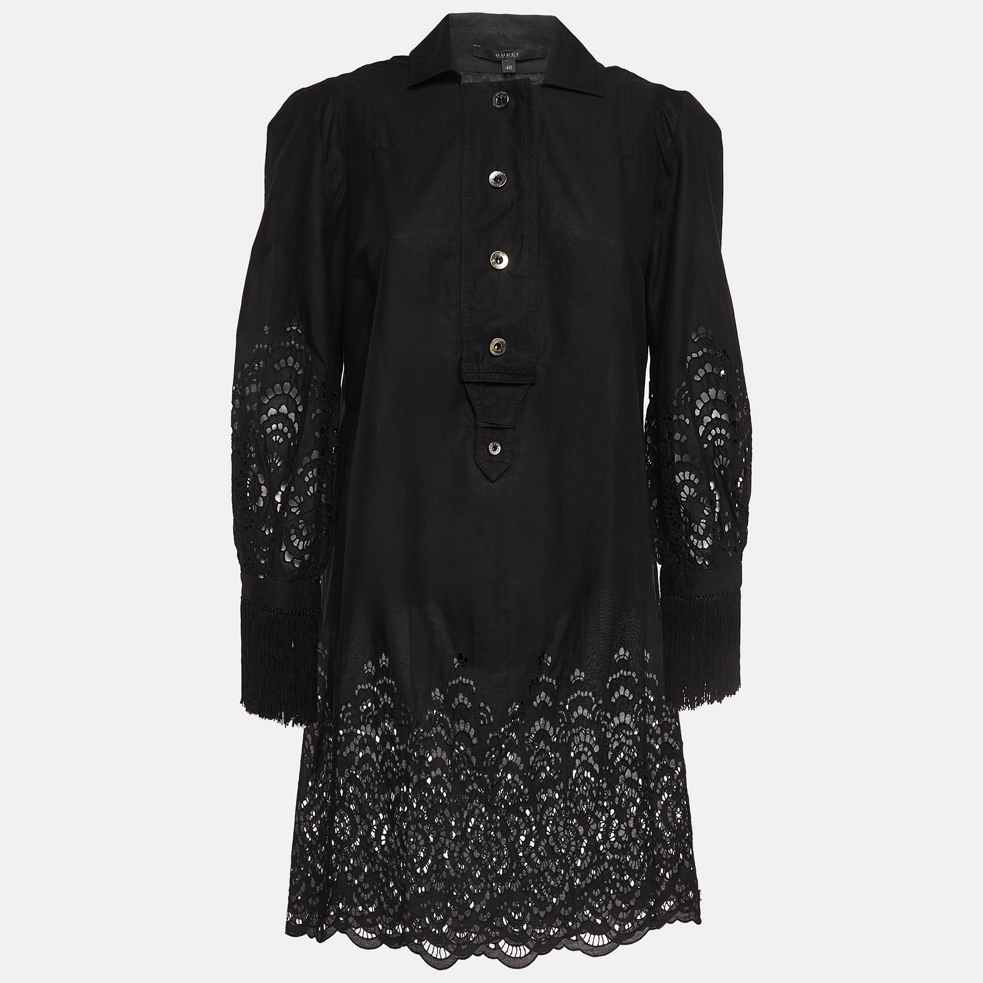 Gucci black eyelet embroidered cotton short dress s