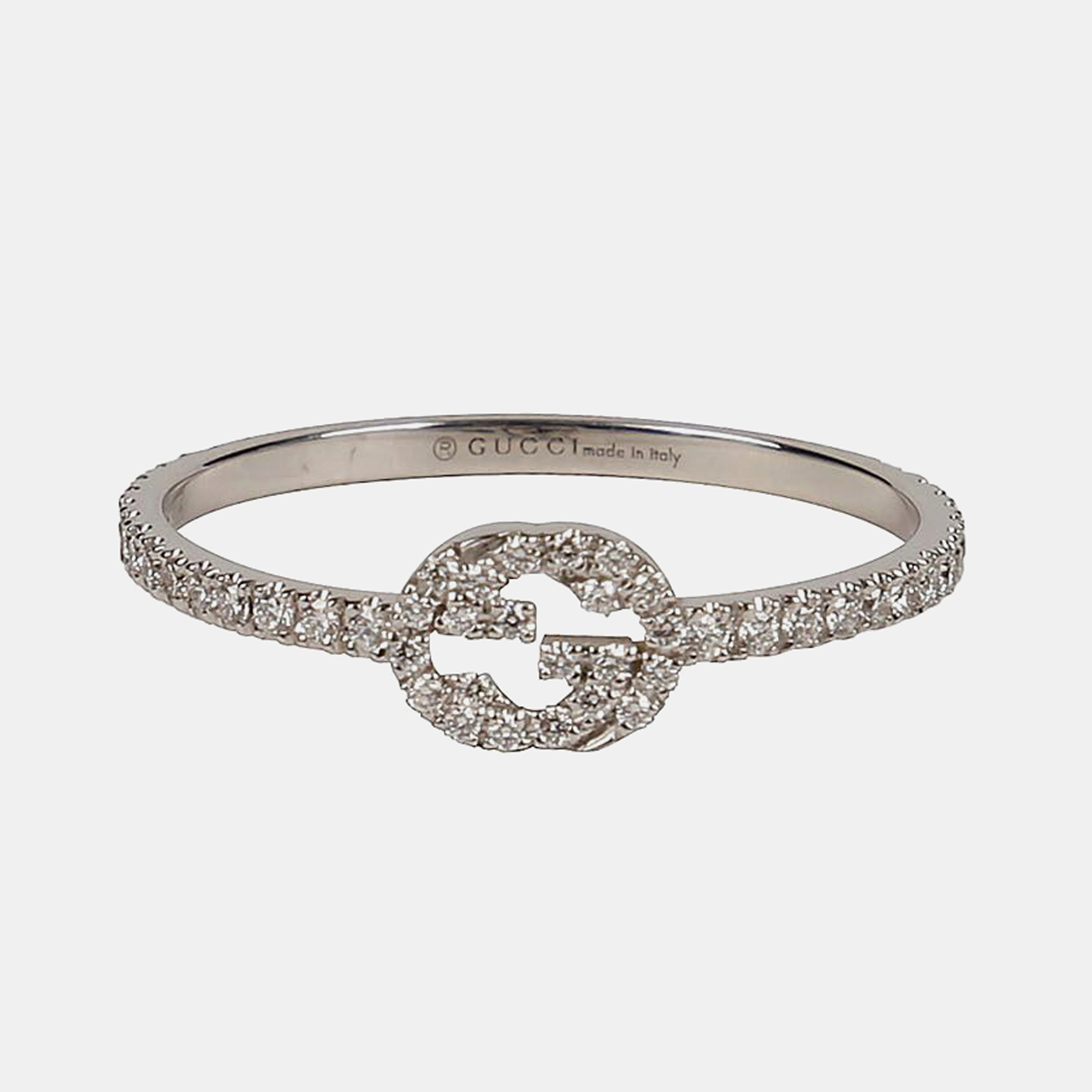 Gucci 18K White Gold Diamond Interlocking G Ring Size 16
