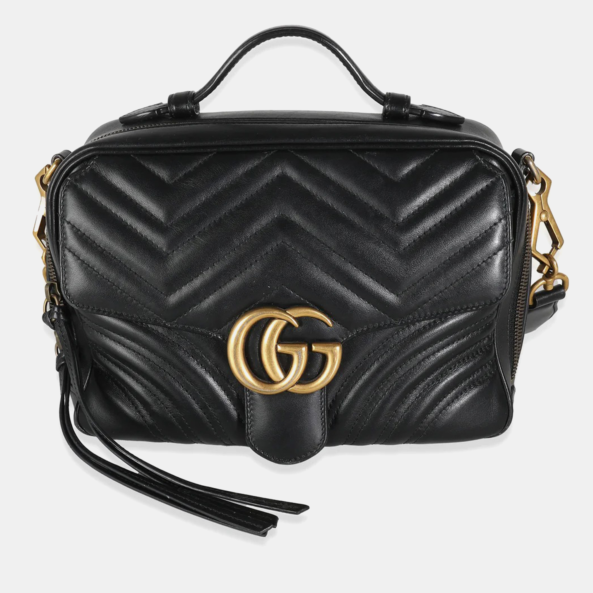 Gucci black calfskin matelasse sylvie web small gg marmont top handle bag