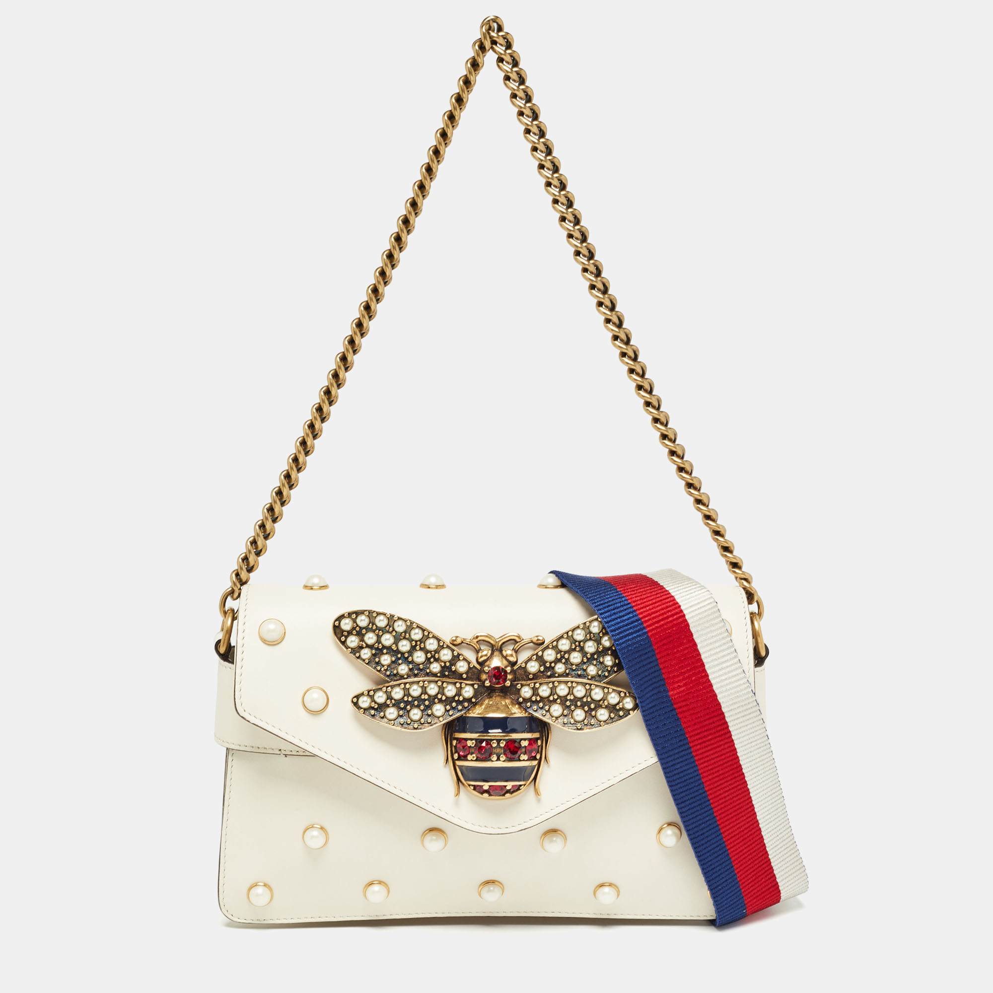 Gucci off white leather mini pearl studded broadway bee shoulder bag