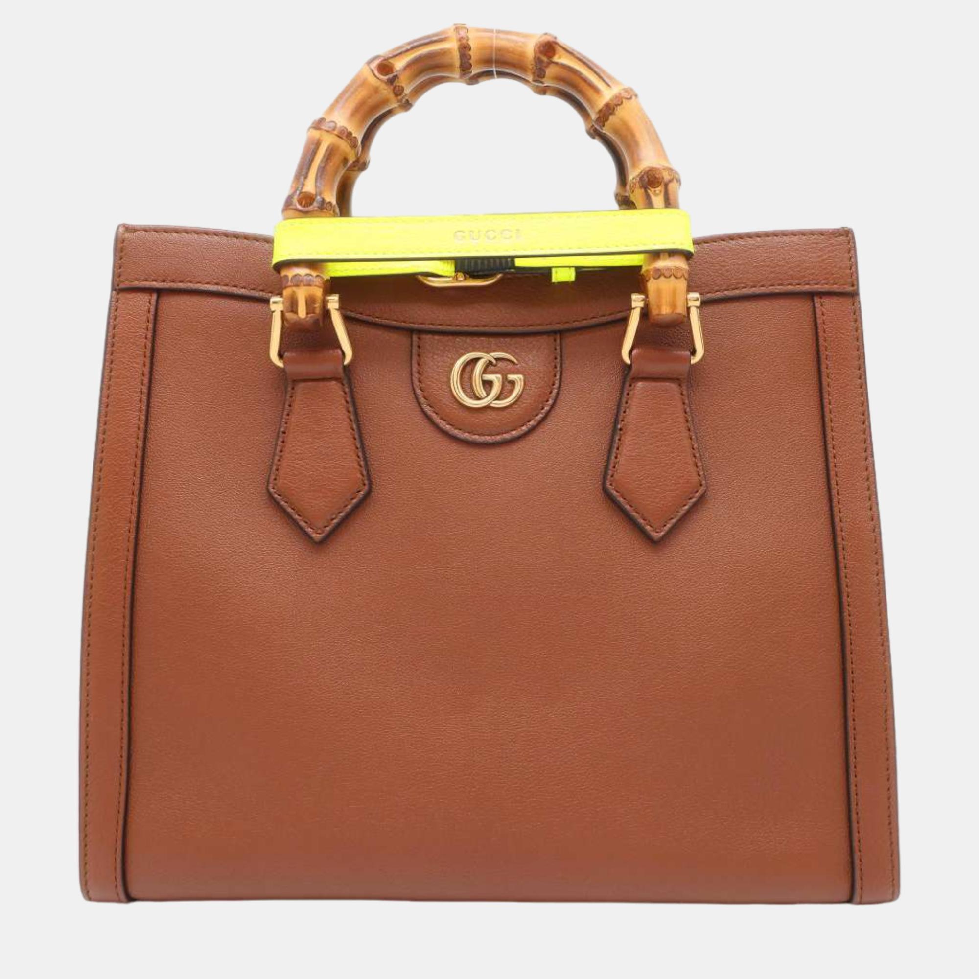 Gucci brown leather small bamboo diana tote bag