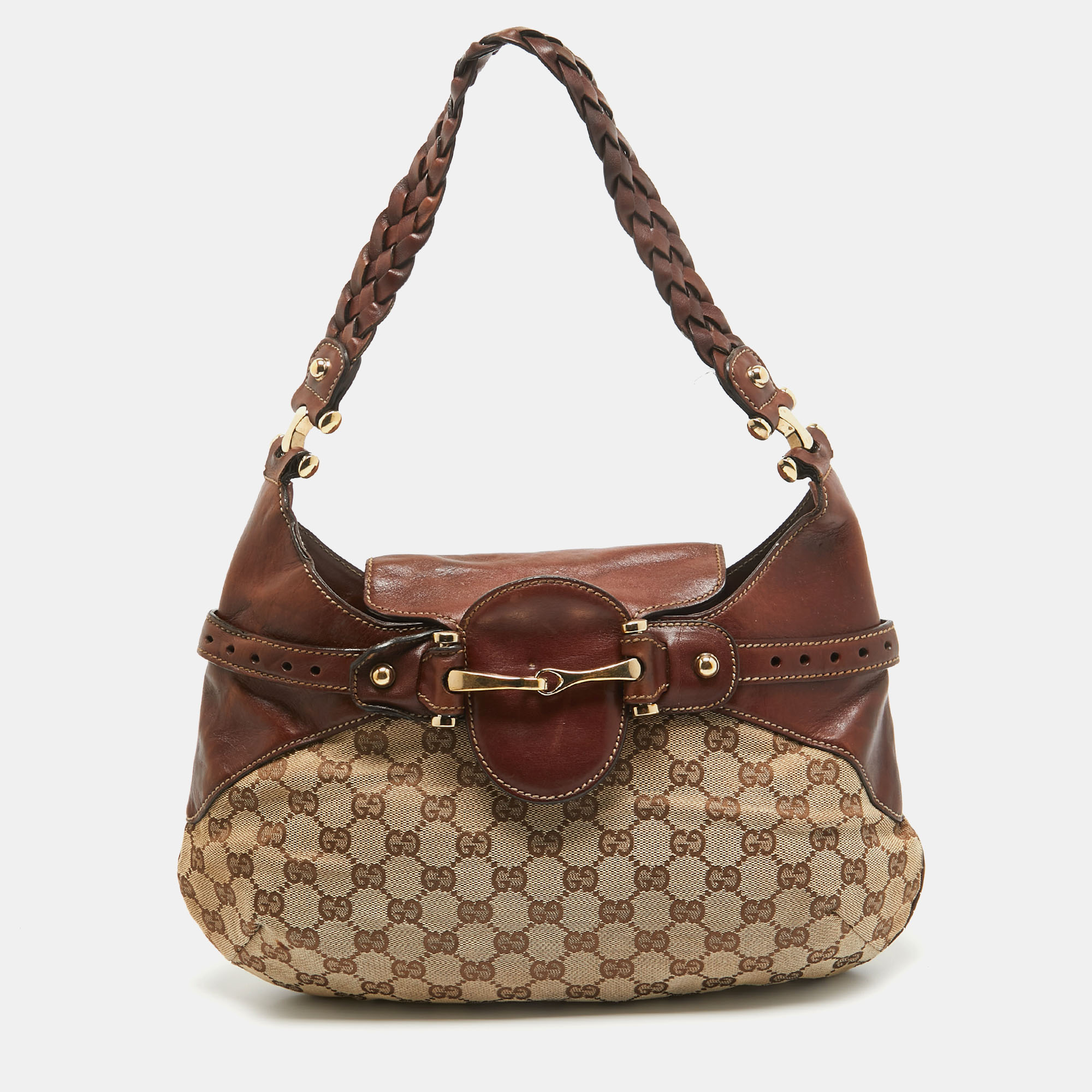 Gucci brown/beige gg canvas and leather horsebit flap hobo