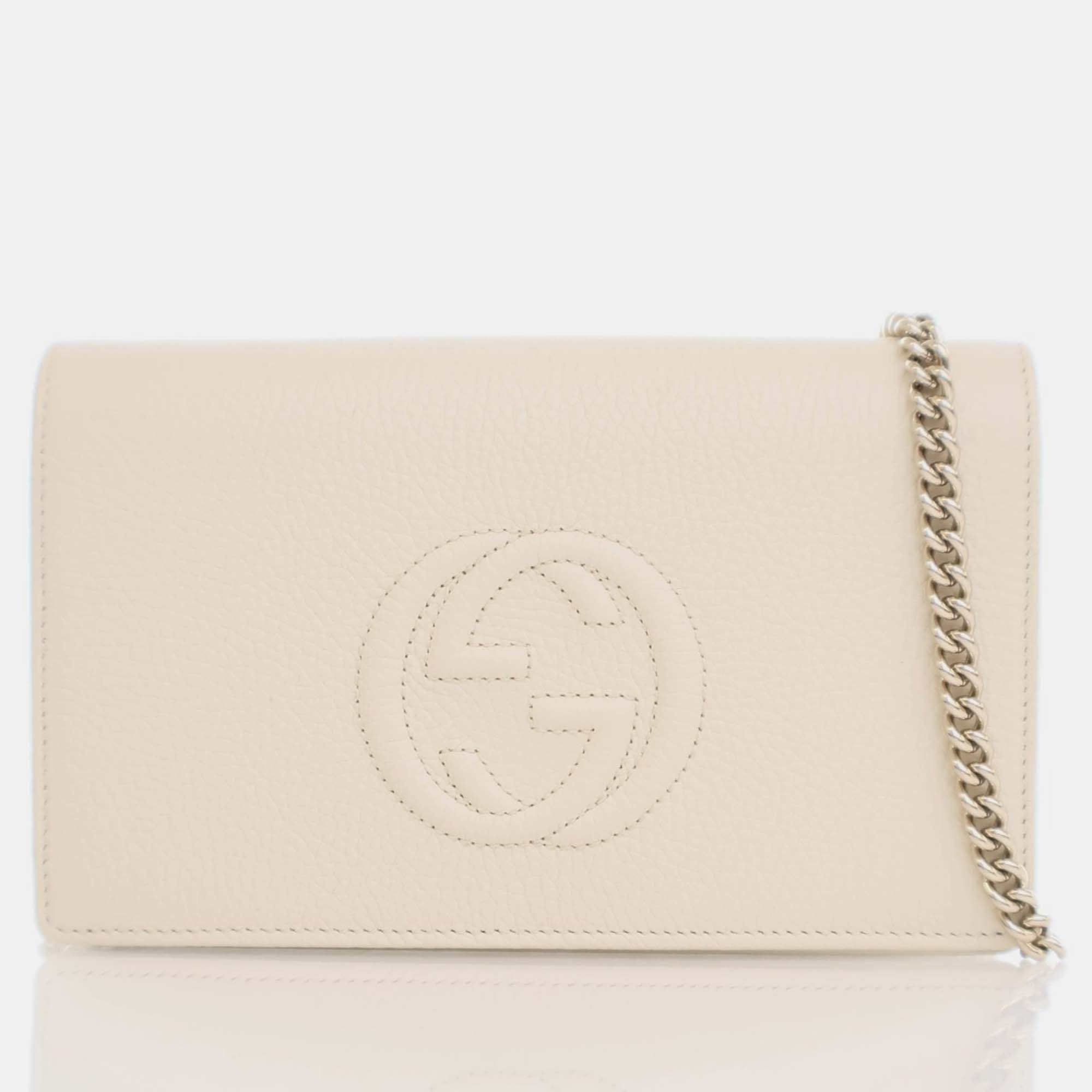 Gucci white calfskin leather  soho wallet on chain