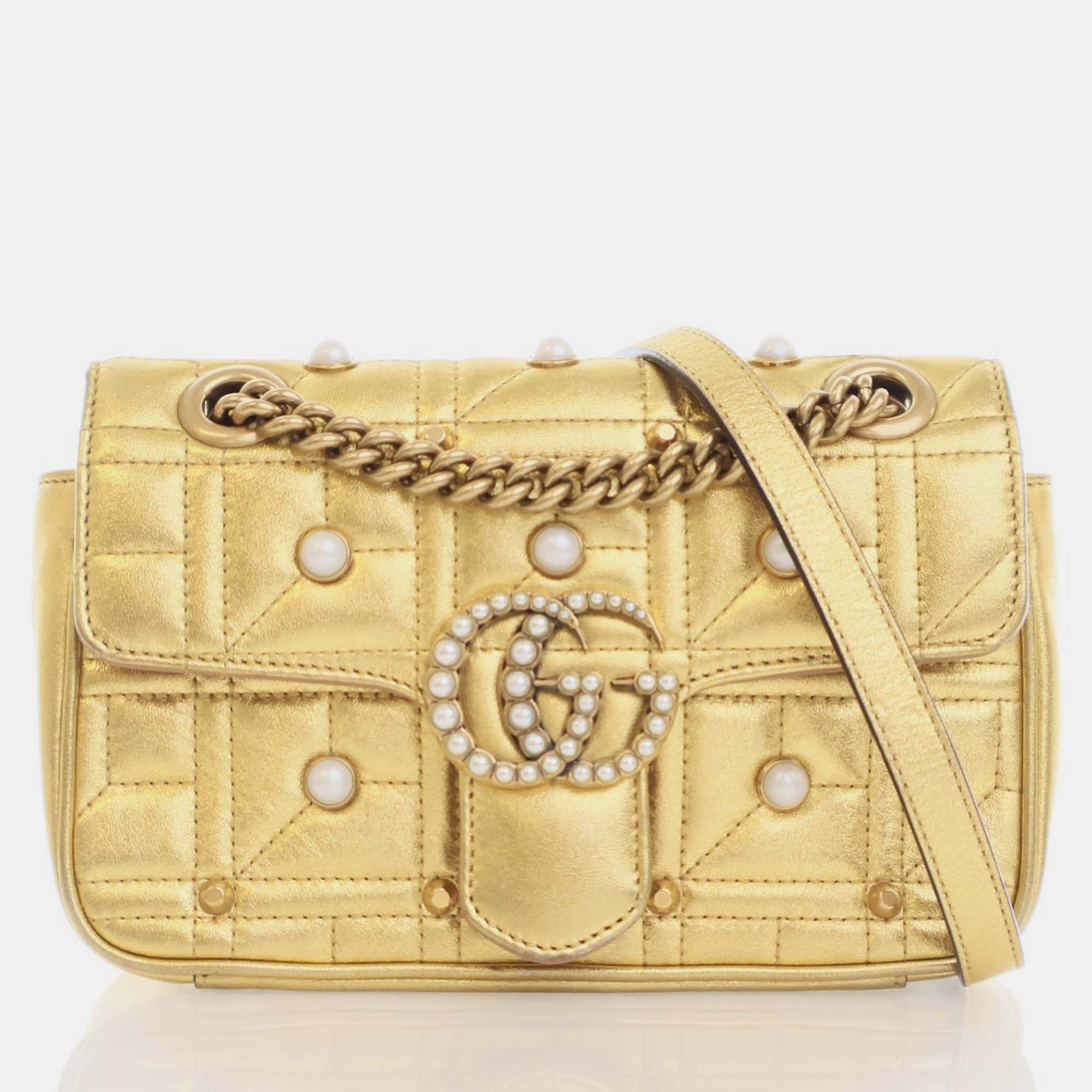 Gucci golden metallic leather gg marmont matelass&eacute; small pearl shoulder bag