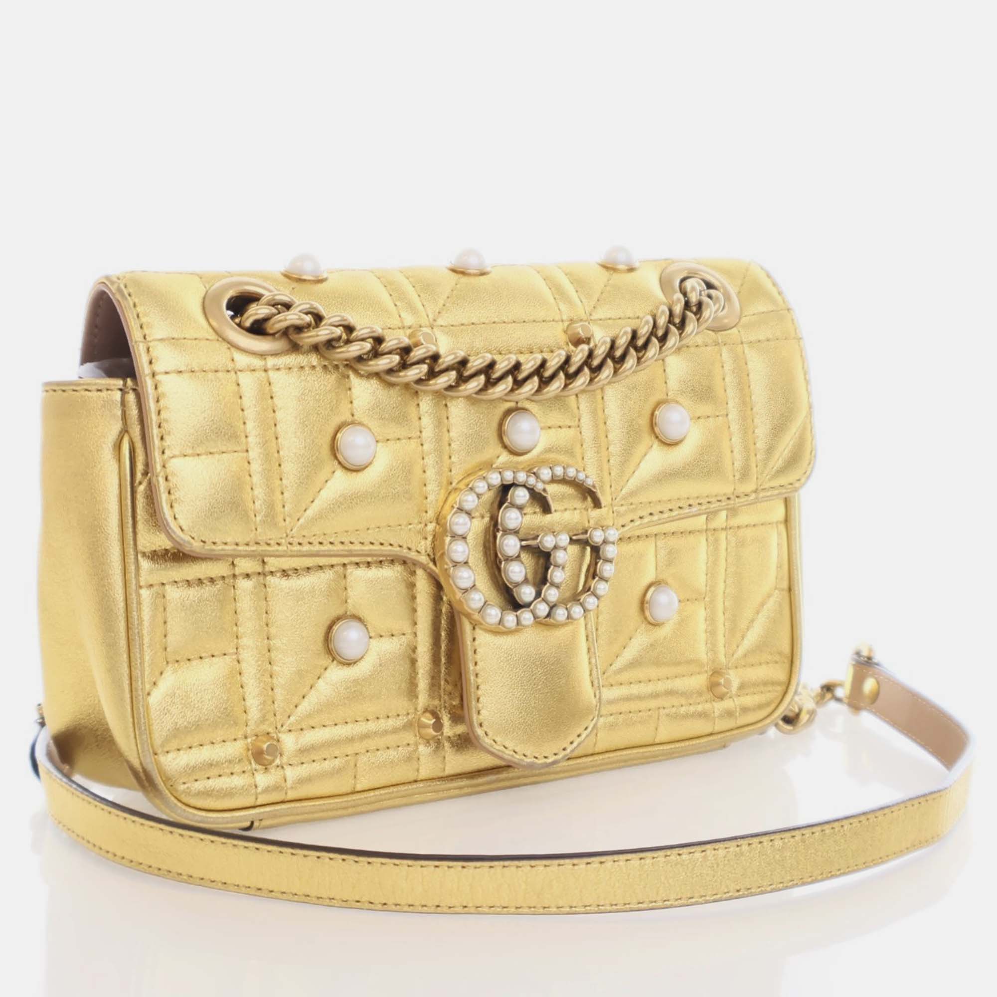 Gucci Golden Metallic Leather GG Marmont Matelassé Small Pearl Shoulder Bag