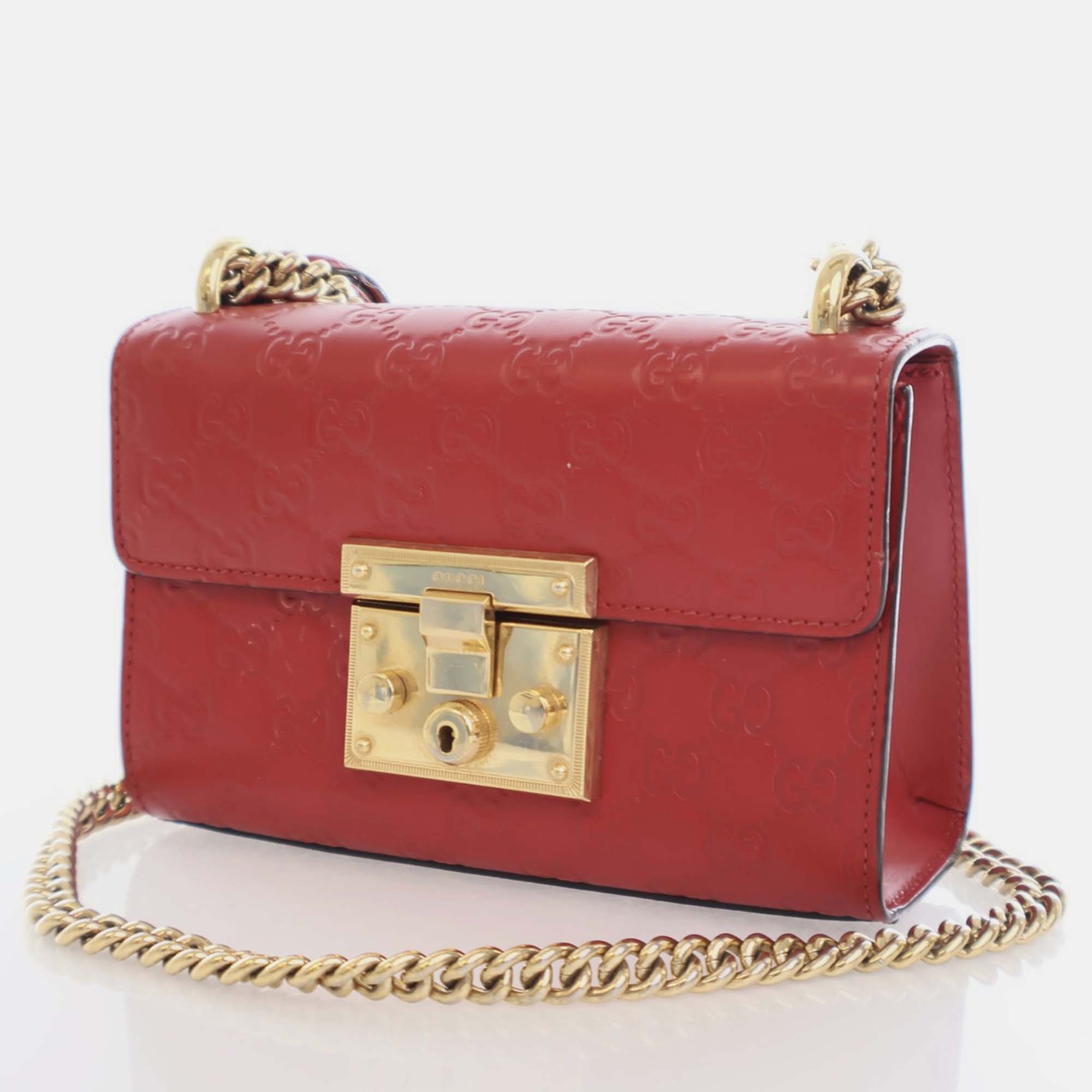 Gucci Red Leather Small Guccissima Padlock Shoulder Bag