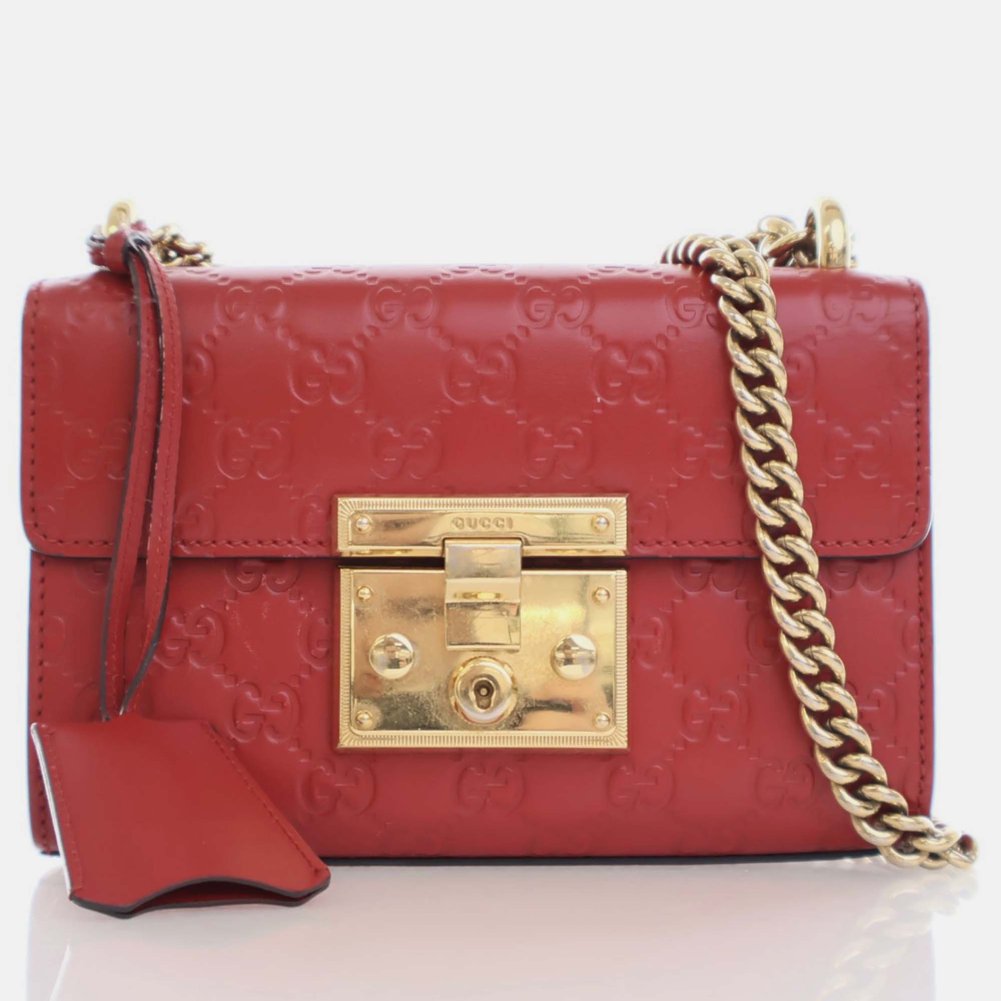 Gucci red leather small guccissima padlock shoulder bag