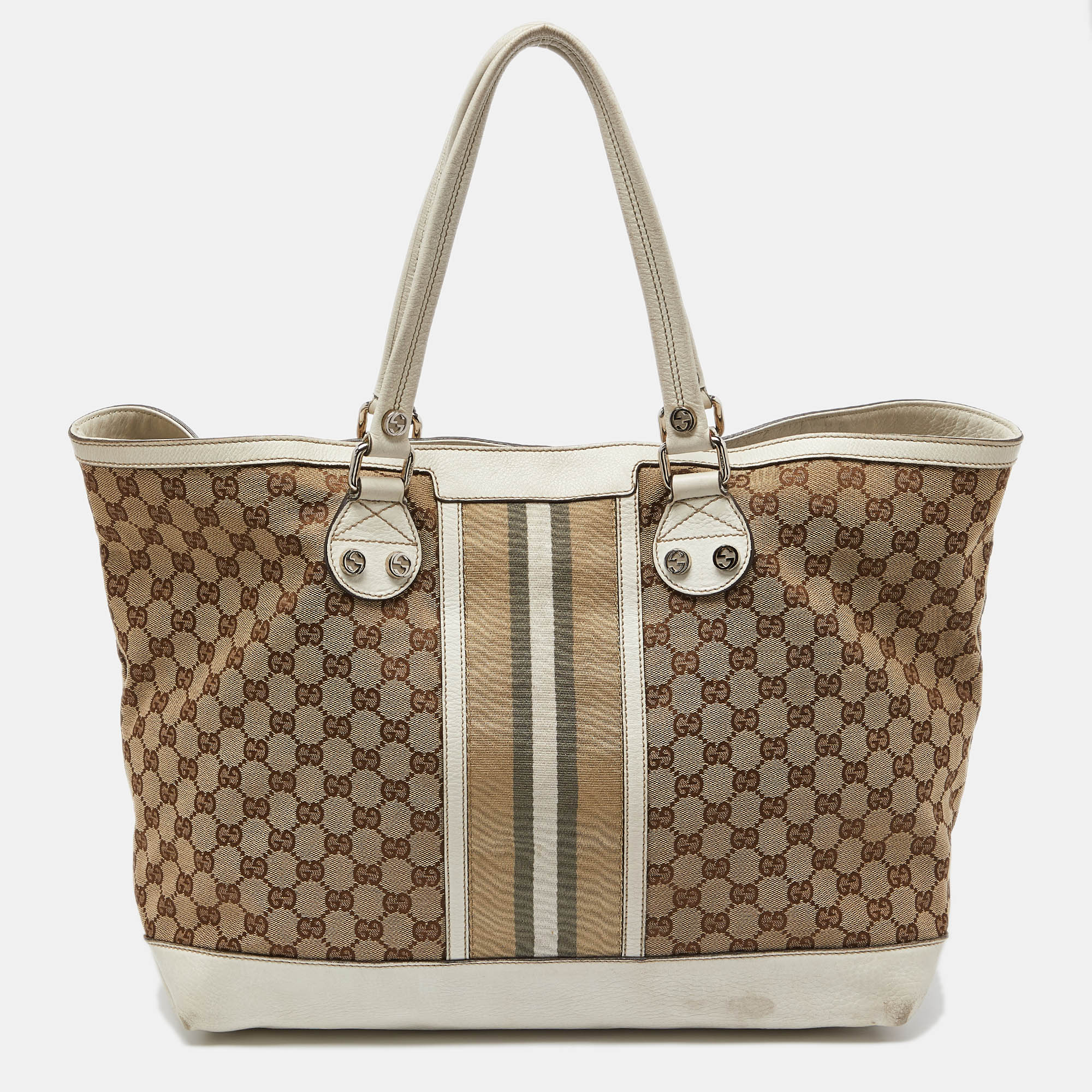 Gucci beige/off white gg canvas and leather web sunset shopper tote